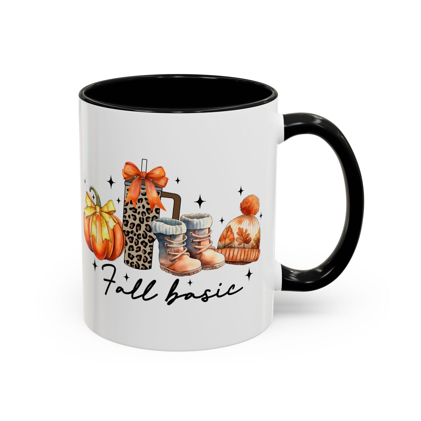 Fall Basic Autumn Mug | 11oz/15oz Ceramic Coffee Cup | Cozy Fall Essentials Design | Pink, Red, Black, Light Blue, or Navy Handle & Interior