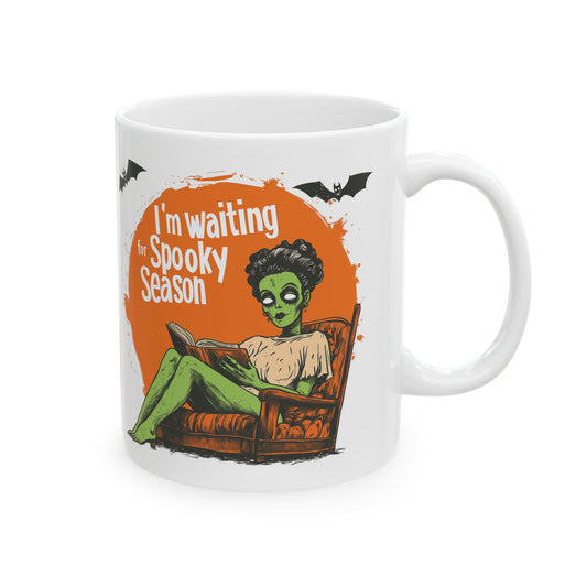 I'm Waiting for Spooky Season Ceramic Mug - Retro Bride of Frankenstein Design - Perfect for Halloween Enthusiasts