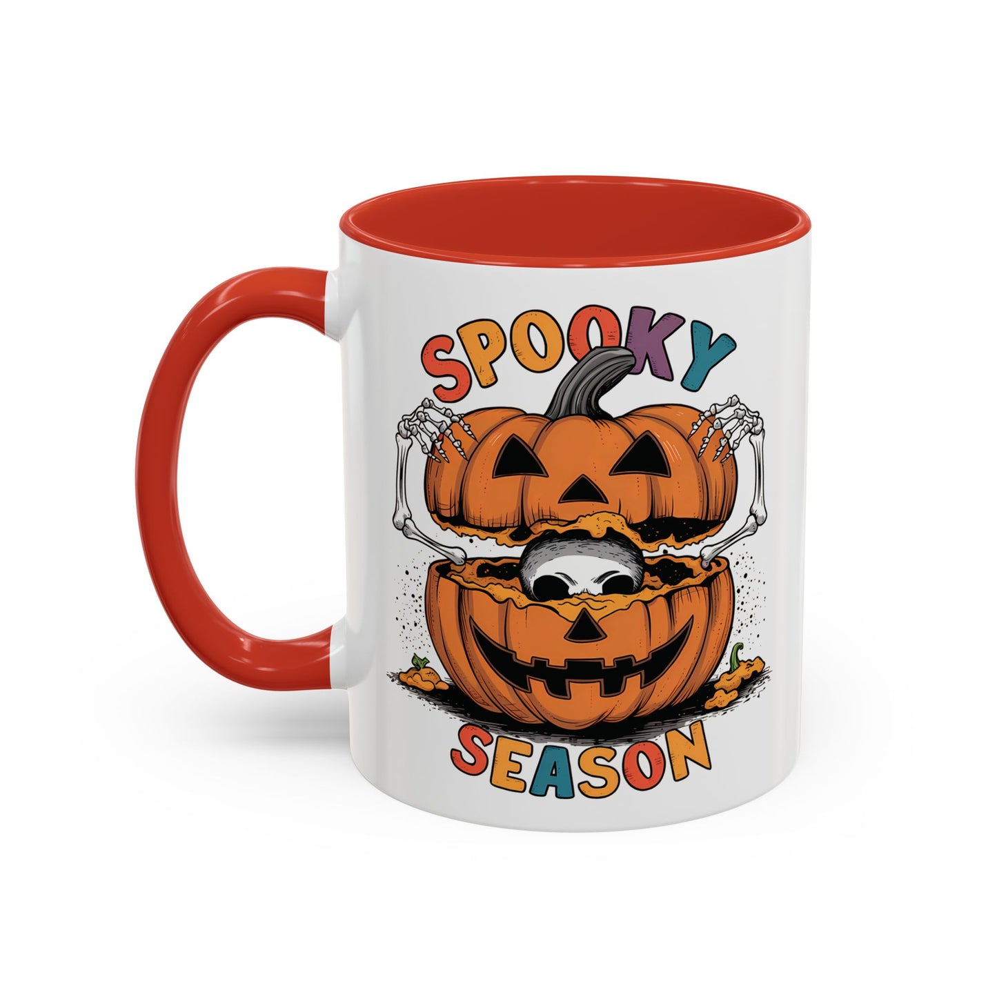 Spooky Season Halloween Mug | 11oz and 15oz Ceramic Coffee Cup | Skeleton in Pumpkin Design