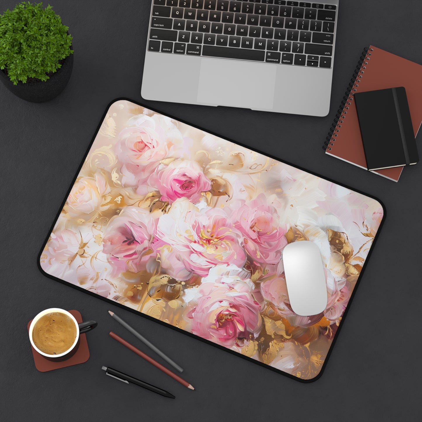 Elegant Floral Computer Desk Mat | Rose Garden Mouse Pad | Anti-Slip Neoprene Desk Mat for Home Office | 3 Sizes Available