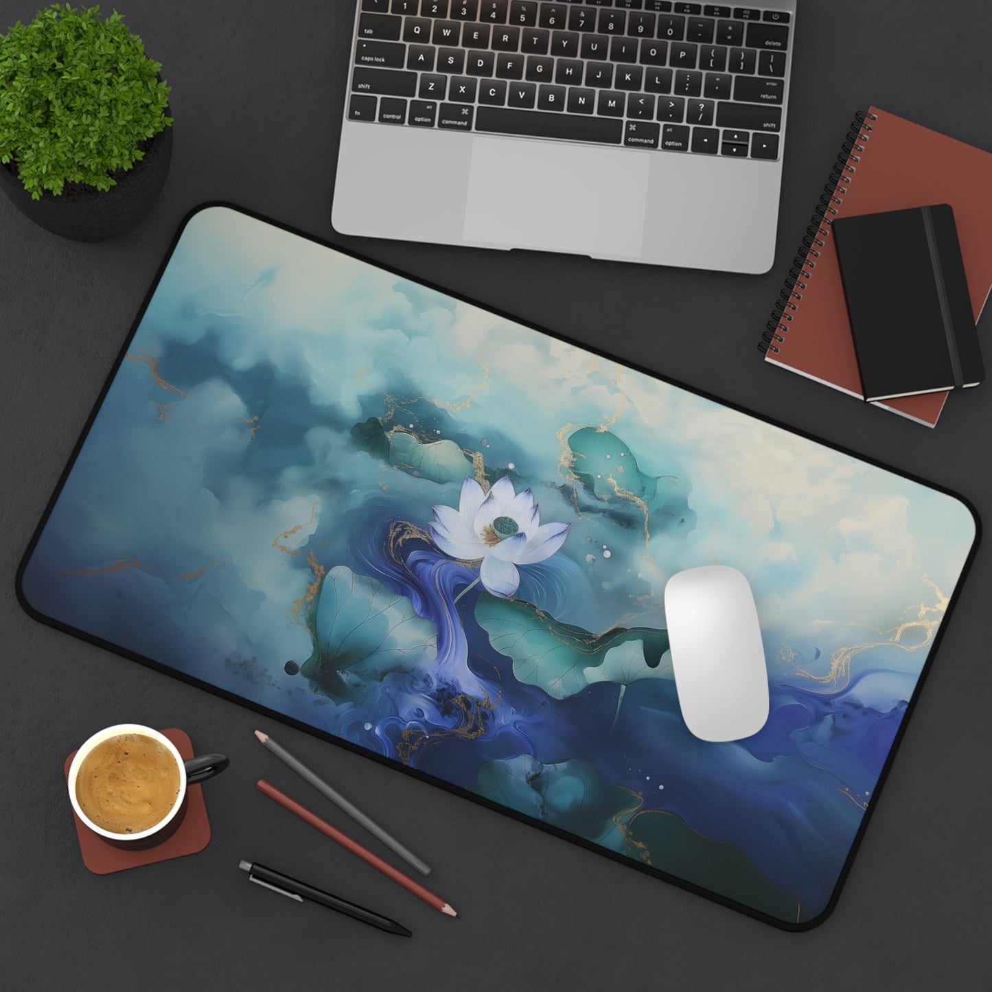 Serene Lotus Computer Desk Mat | Tranquil Water Lily Mouse Pad | Anti-Slip Neoprene Desk Mat for Home Office | 3 Sizes Available