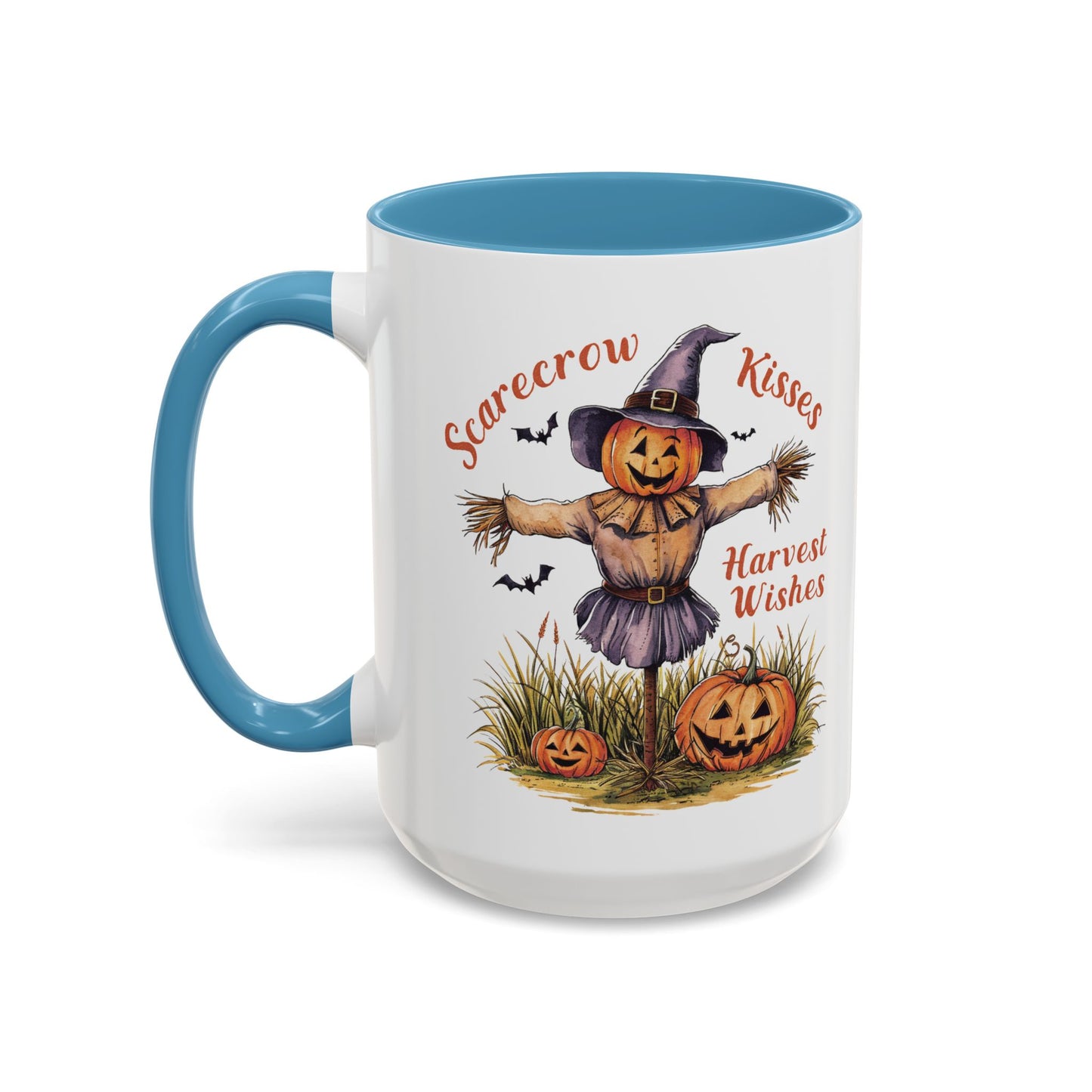 Scarecrow Kisses and Harvest Wishes Mug | Fall Scarecrow and Pumpkin Design | Perfect Autumn Coffee Mug for Cozy Mornings