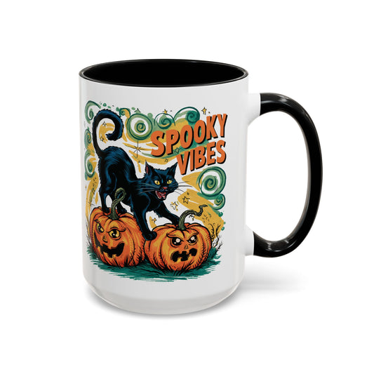 Spooky Vibes Halloween Mug | Black Cat and Pumpkin Design | Halloween Coffee Mug | Fall Drinkware