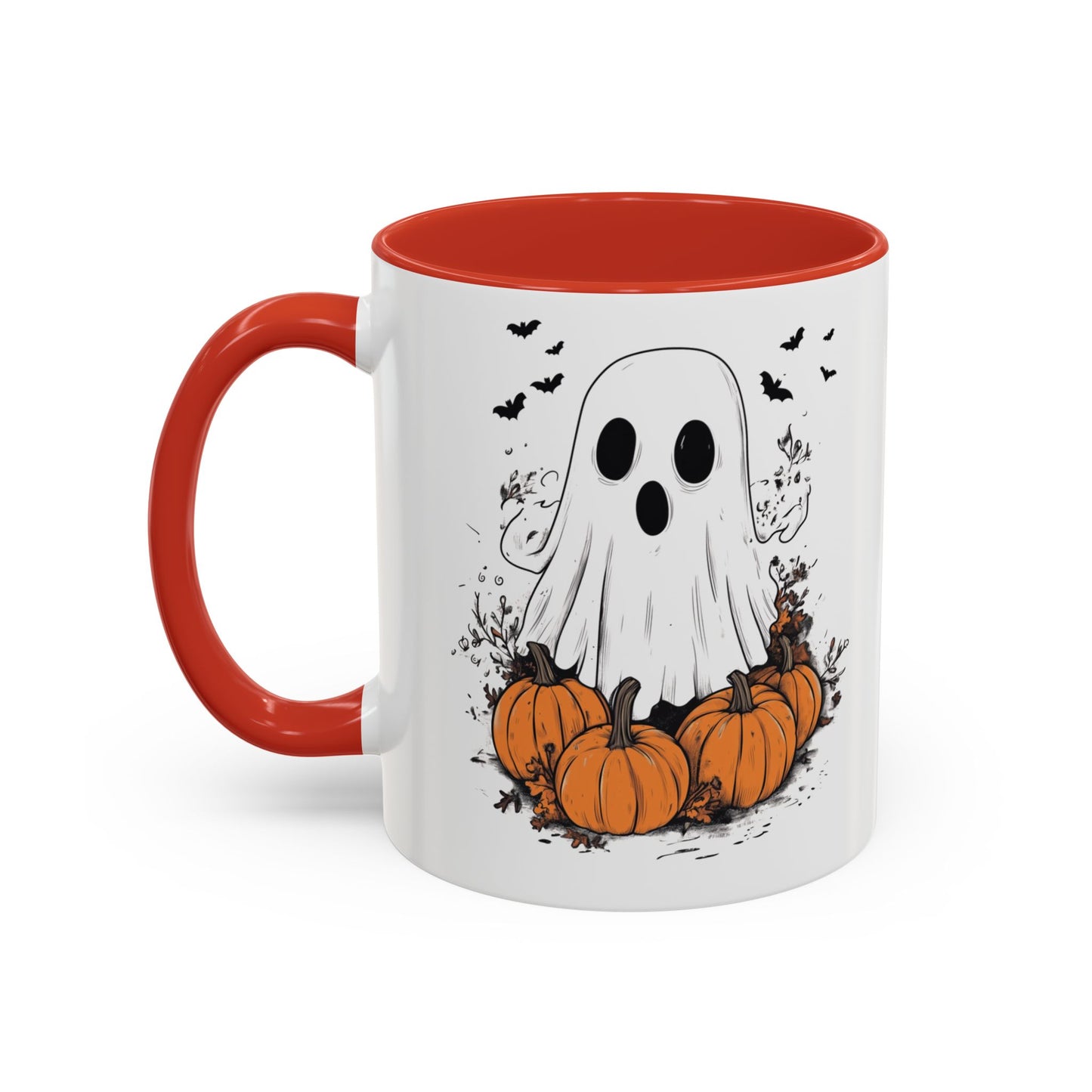 Halloween Ghost Mug - Cute Pumpkin Coffee Cup - White Ceramic Mug with Red Accent - Spooky Fall Gift - 11oz & 15oz - BPA Free