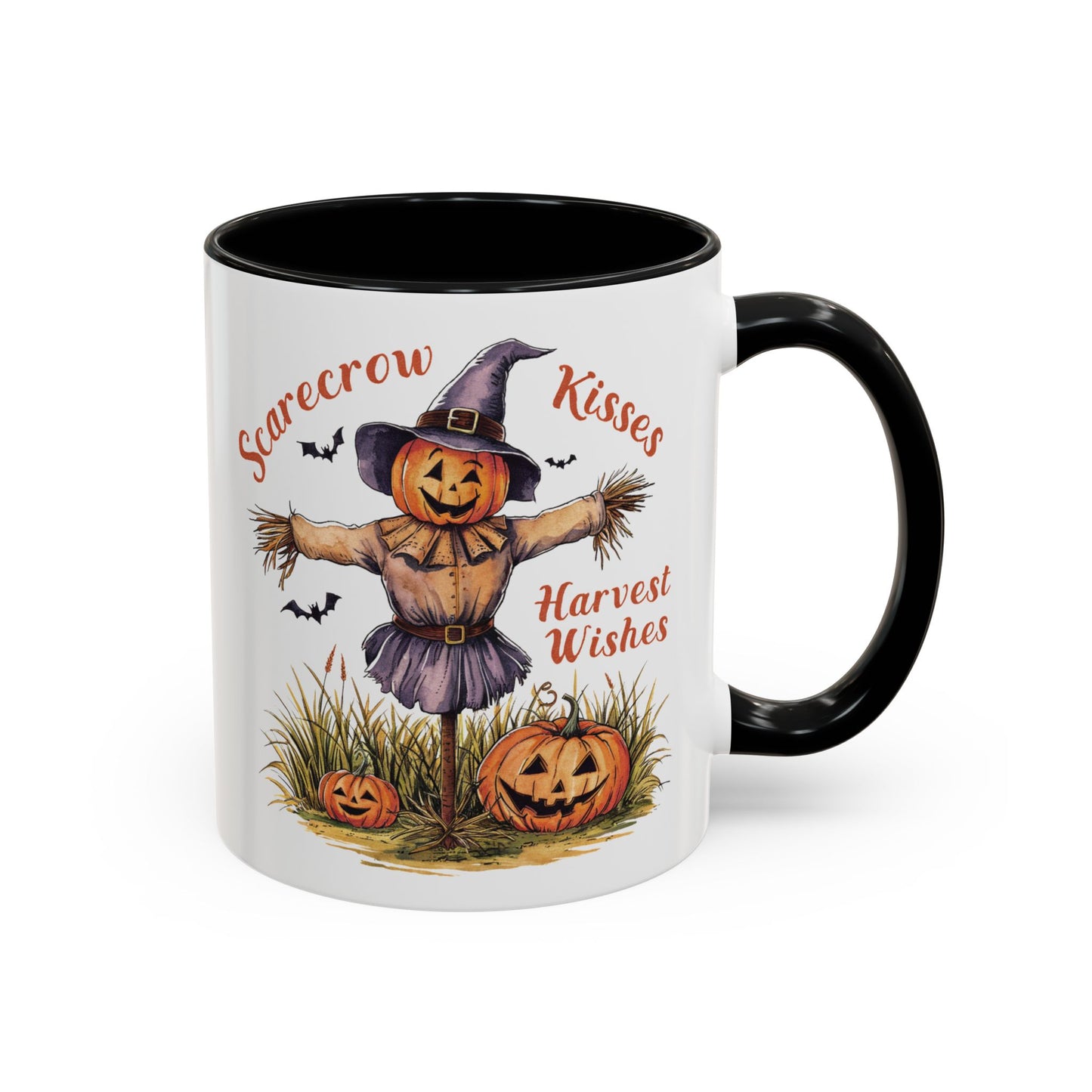 Scarecrow Kisses and Harvest Wishes Mug | Fall Scarecrow and Pumpkin Design | Perfect Autumn Coffee Mug for Cozy Mornings