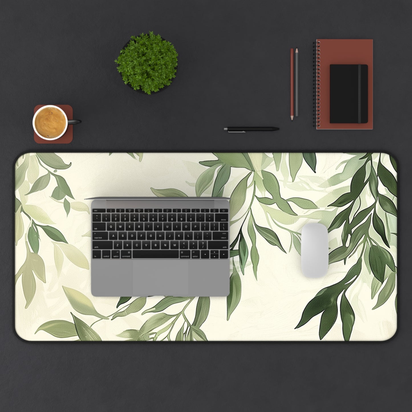 Green Leaves Computer Desk Mat | Botanical Mouse Pad | Anti-Slip Neoprene Desk Mat for Home Office | 3 Sizes Available