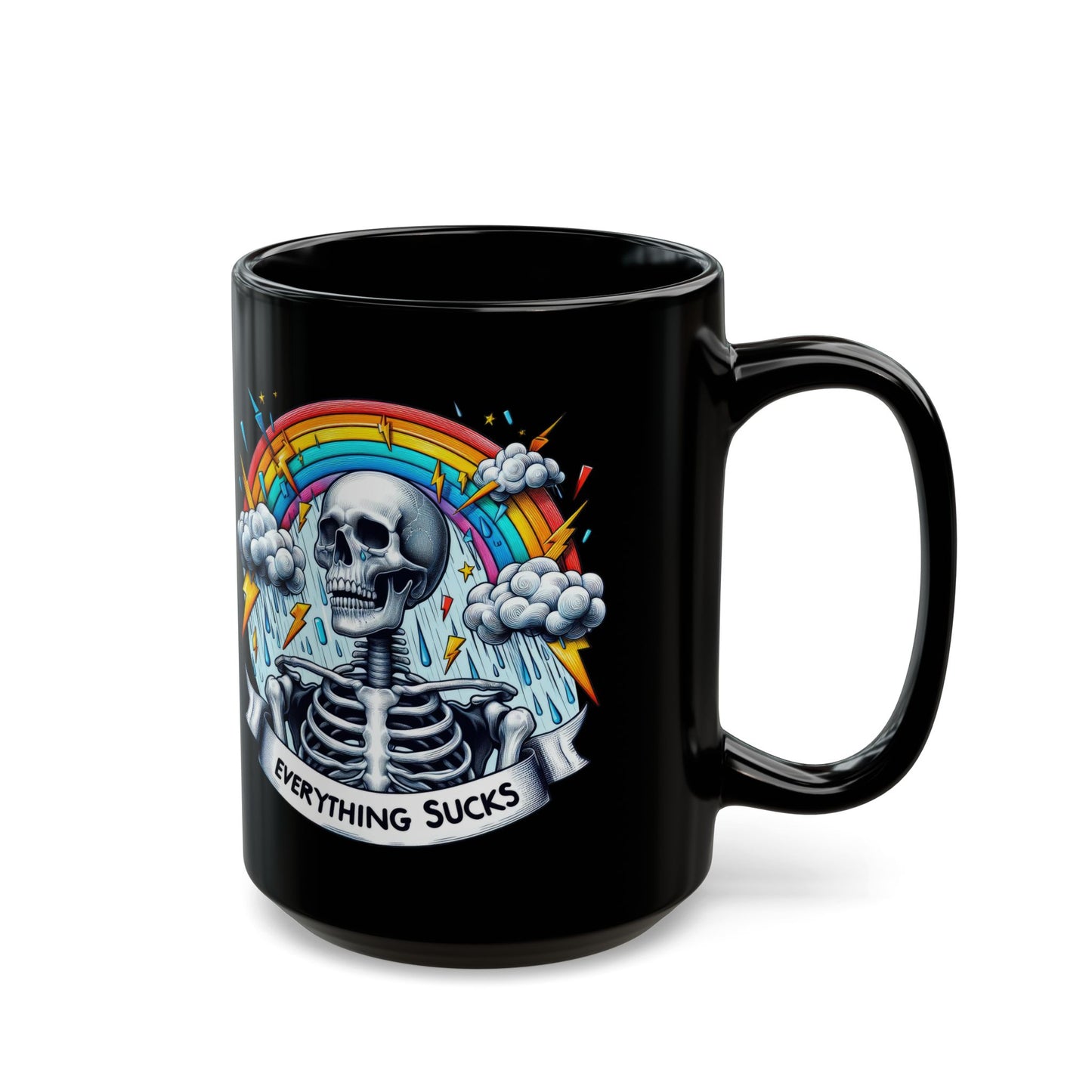 Everything Sucks Skeleton Mug | Dark Humor Rainbow Coffee Cup | Sarcastic Gothic Gift