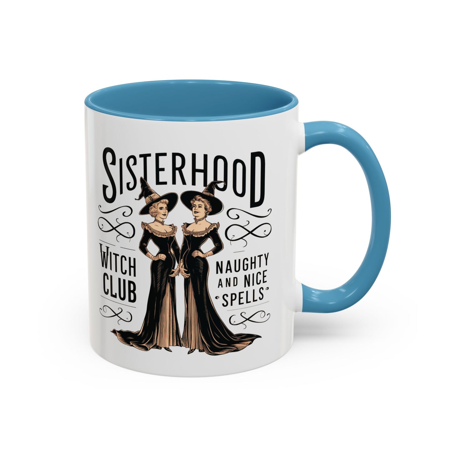 Sisterhood Witch Club Mug | Vintage Witch Design | Halloween Coffee Mug | Naughty & Nice Spells | Witchy Drinkware