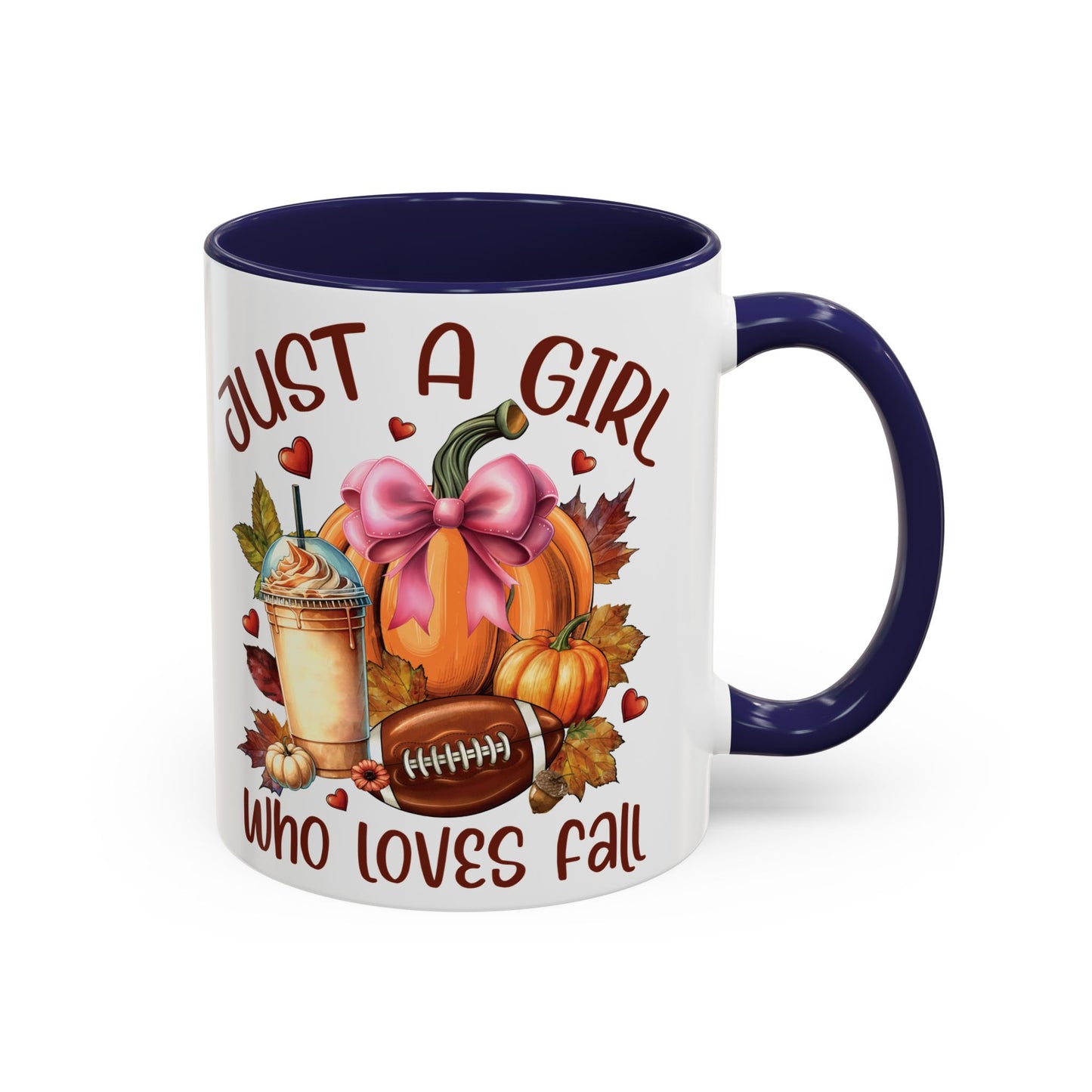 Just a Girl Who Loves Fall Mug | 11oz and 15oz Ceramic Coffee Cup | Autumn, Pumpkin, and Football Design