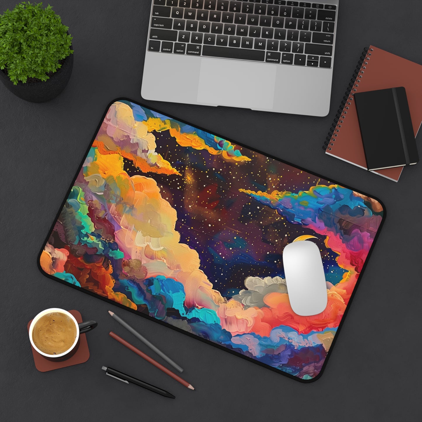 Dreamy Night Sky Computer Desk Mat | Colorful Clouds and Moon Mouse Pad | Anti-Slip Neoprene Desk Mat for Home Office | 3 Sizes Available