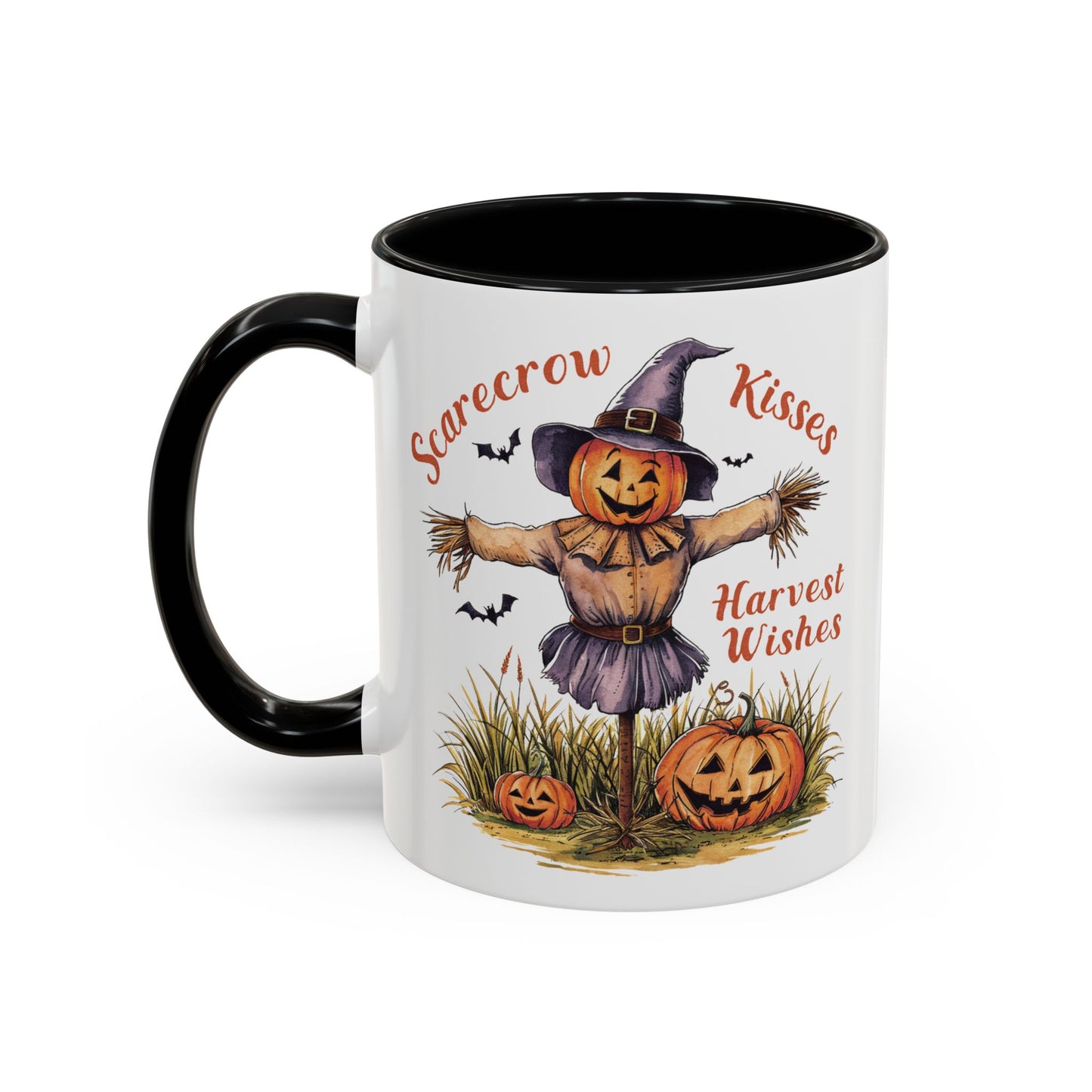 Scarecrow Kisses and Harvest Wishes Mug | Fall Scarecrow and Pumpkin Design | Perfect Autumn Coffee Mug for Cozy Mornings