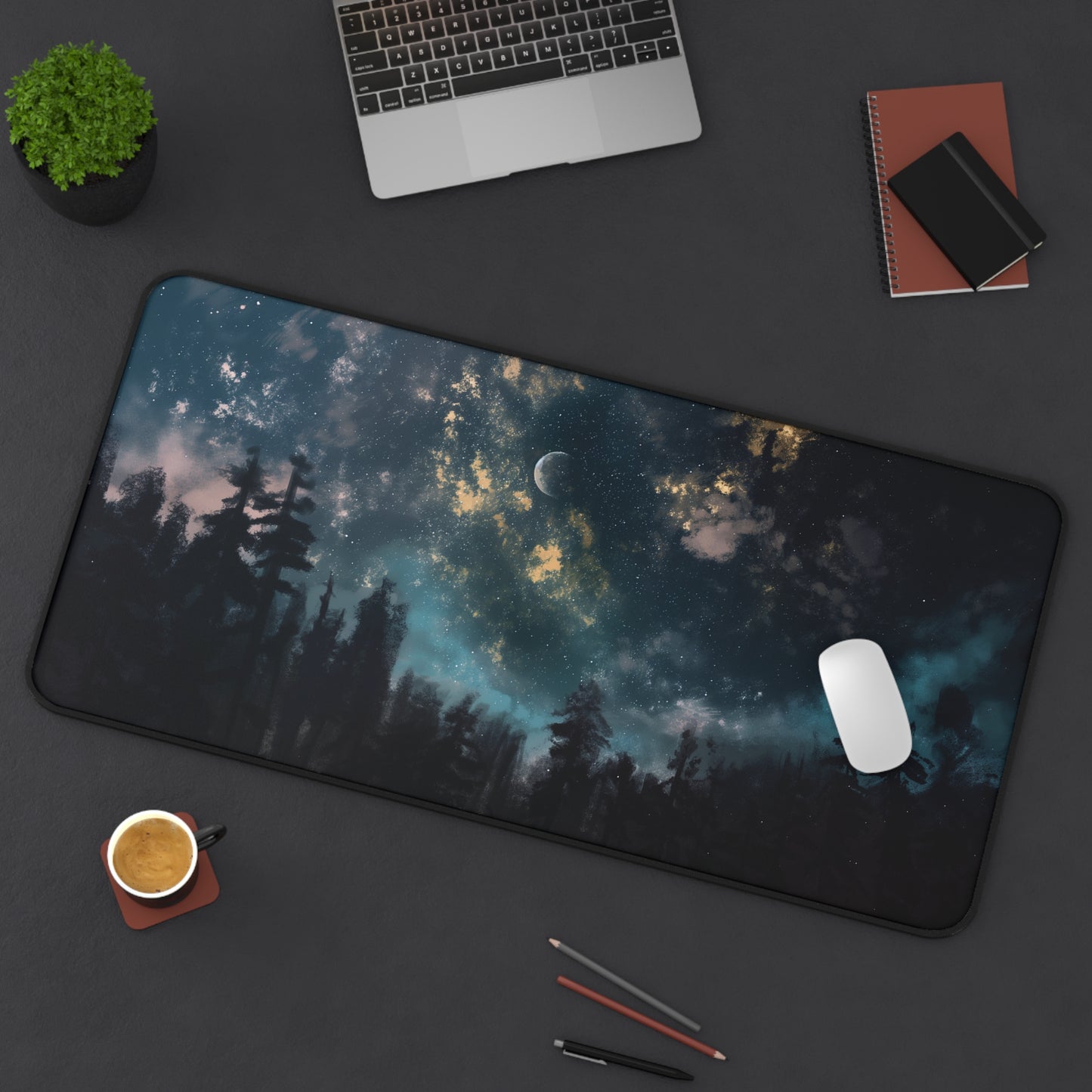 Starry Night Forest Desk Mat | Celestial Anti-Slip | 3 Sizes | Office Decor