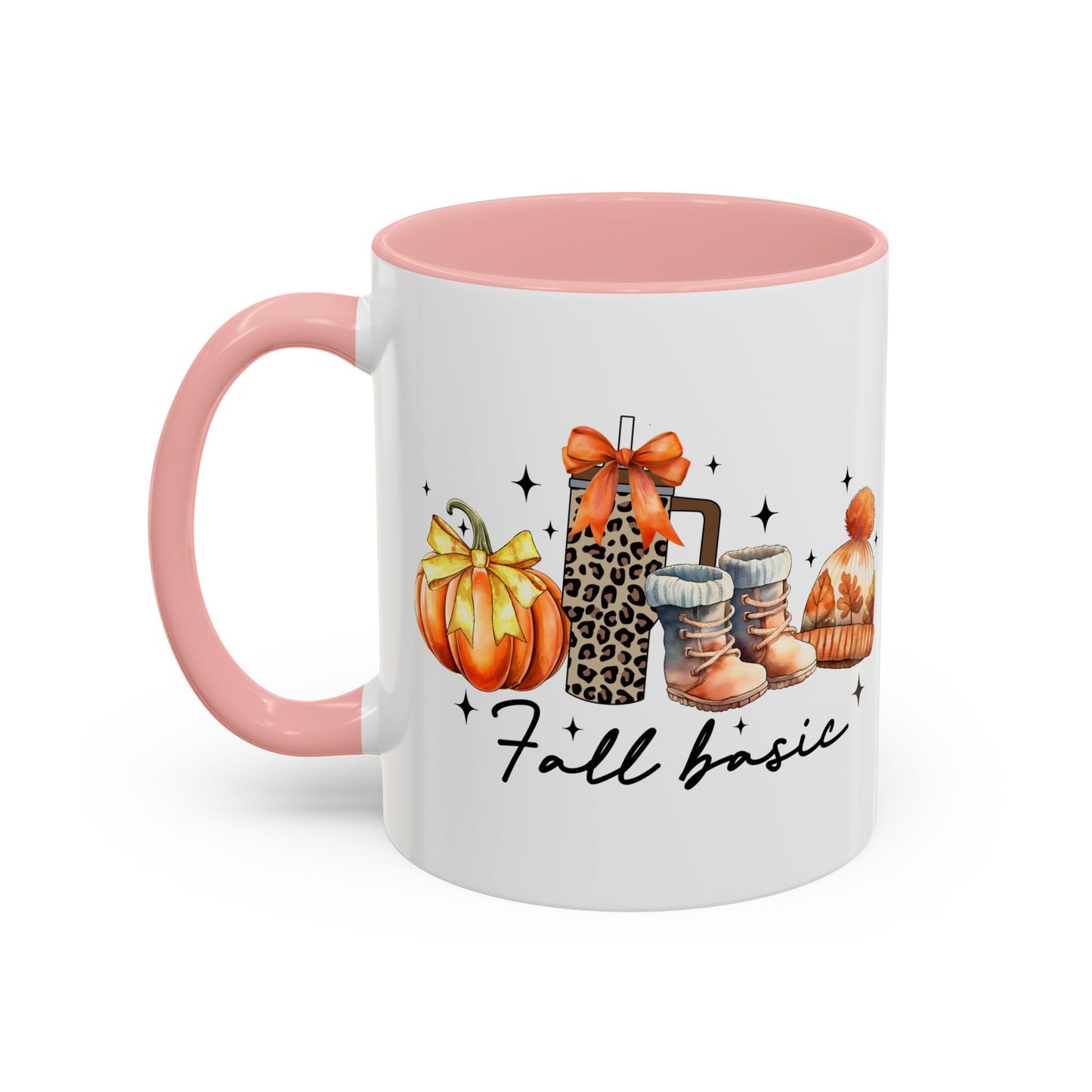 Fall Basic Autumn Mug | 11oz/15oz Ceramic Coffee Cup | Cozy Fall Essentials Design | Pink, Red, Black, Light Blue, or Navy Handle & Interior