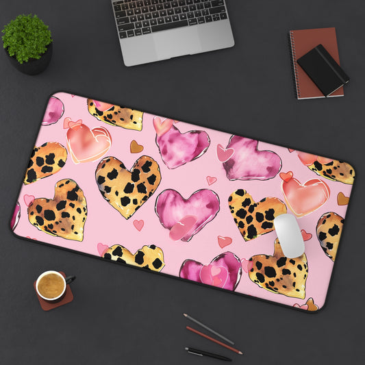 Heart Pattern Computer Desk Mat | Pink Leopard Hearts Mouse Pad | Anti-Slip Neoprene Desk Mat for Home Office | 3 Sizes Available