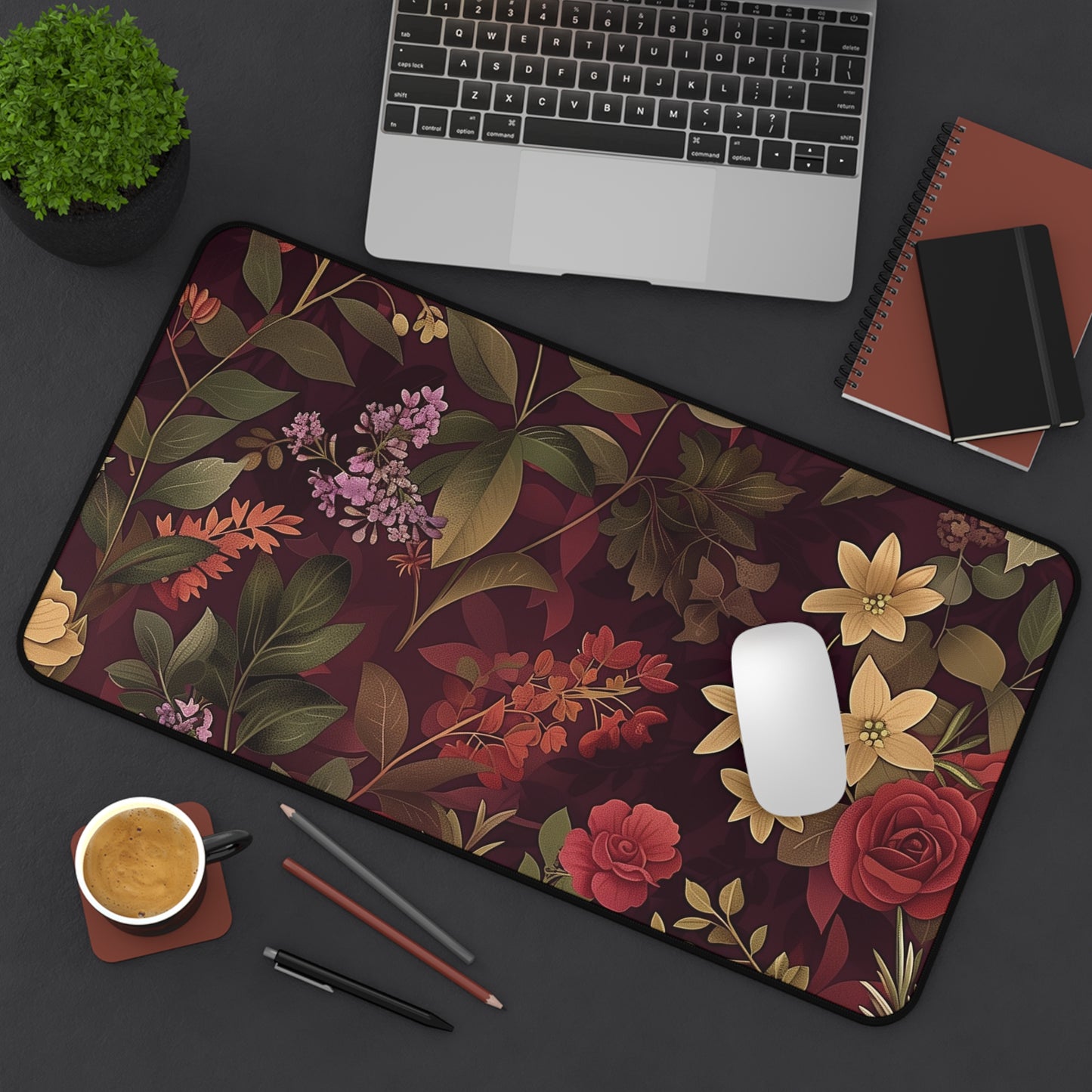 Floral Elegance Computer Desk Mat | Botanical Mouse Pad | Anti-Slip Neoprene Desk Mat for Home Office | 3 Sizes Available