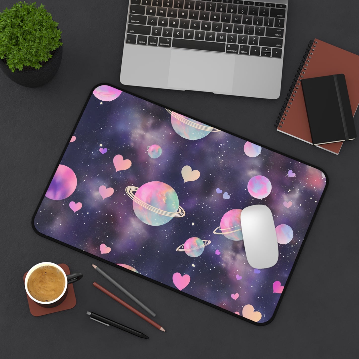 Cosmic Love Computer Desk Mat | Pastel Planets and Hearts Mouse Pad | Anti-Slip Neoprene Desk Mat for Home Office | 3 Sizes Available