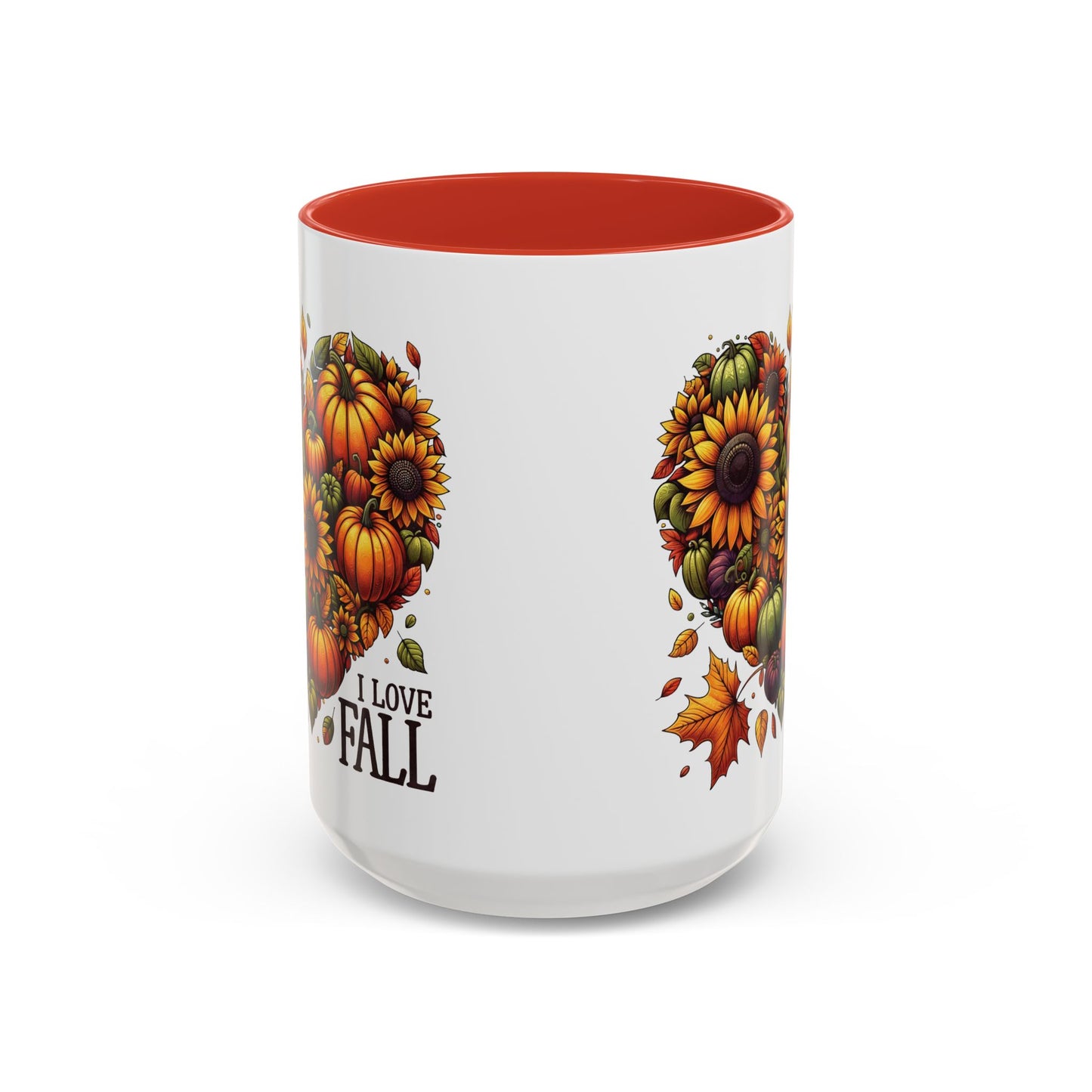 I Love Fall Autumn Mug | 11oz and 15oz Ceramic Coffee Cup | Sunflower and Pumpkin Heart Design