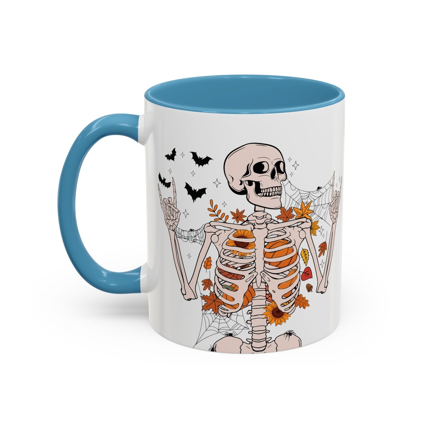 Spooky Skeleton Halloween Mug | 11oz and 15oz Ceramic Coffee Cup | Fall Leaves & Bats Design