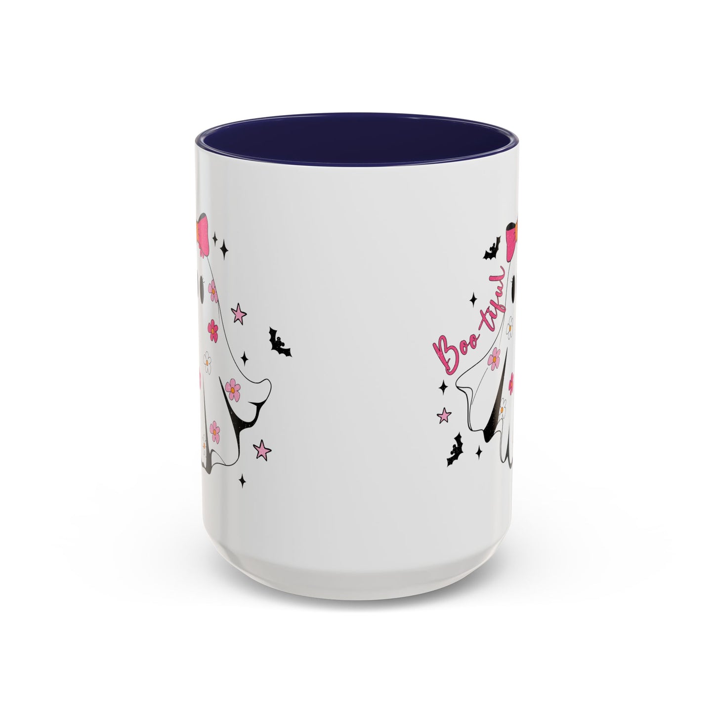 Boo-tiful Halloween Ghost Mug | 11oz and 15oz Coffee Cup | Cute Floral Design | Pink, Red, Black, Light Blue, or Navy Handle and Interior