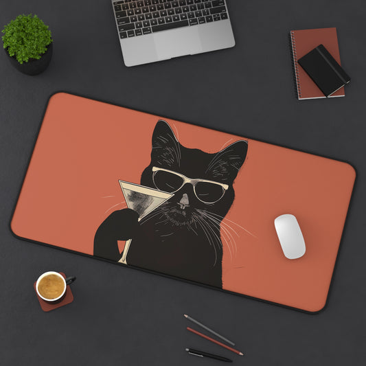 Cool Cat Desk Mat | Retro Black Cat with Martini | Fun Office Decor | Neoprene | Anti-Slip | 3 Sizes