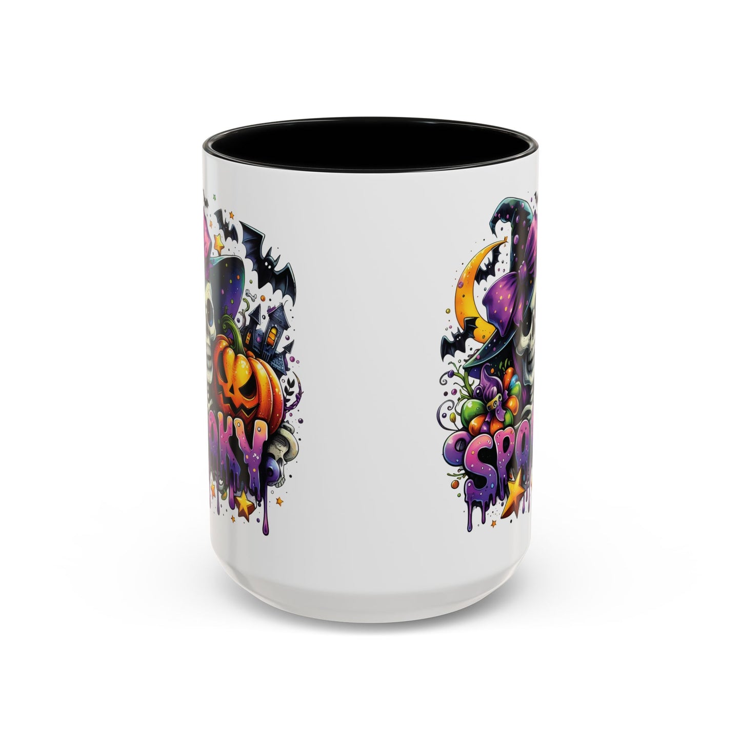 Spooky Halloween Skull Mug | Colorful Witch Hat and Pumpkin Design | 11oz and 15oz Ceramic Coffee Cup