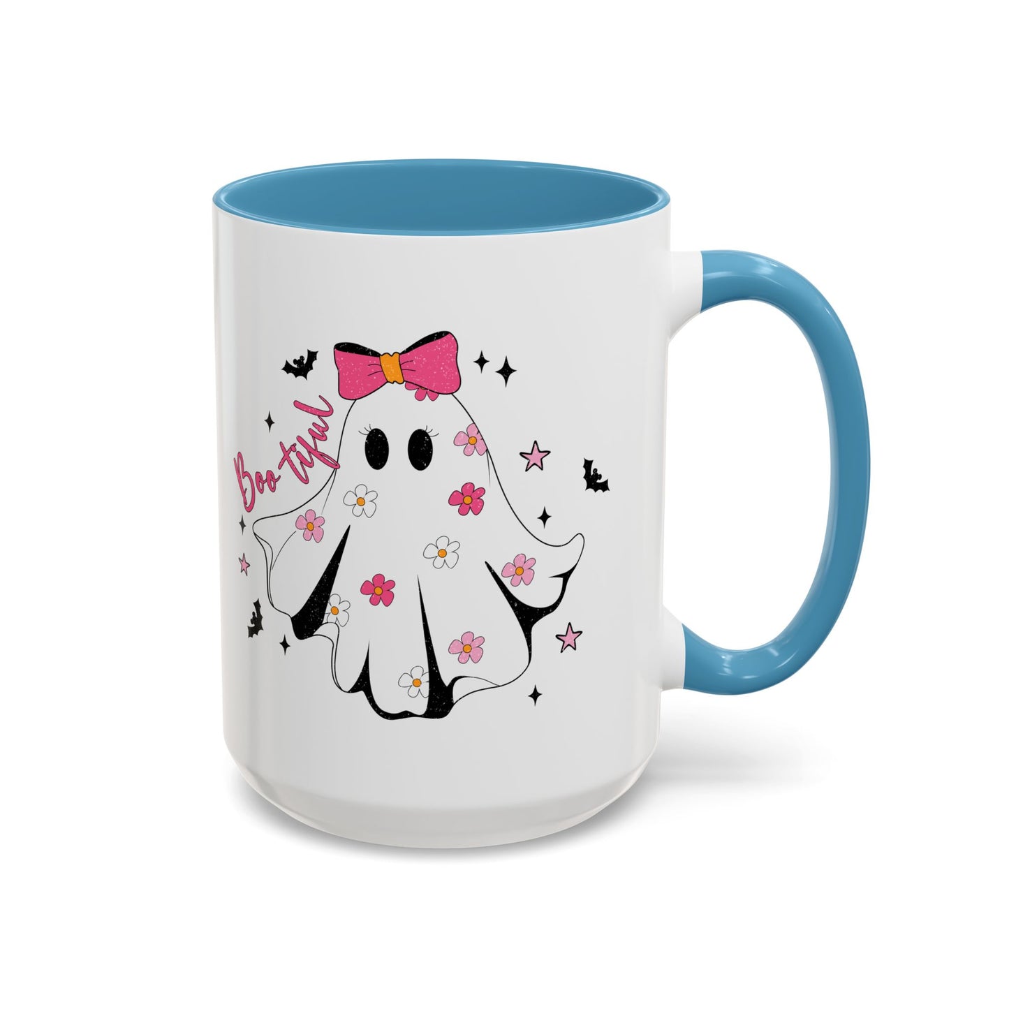 Boo-tiful Halloween Ghost Mug | 11oz and 15oz Coffee Cup | Cute Floral Design | Pink, Red, Black, Light Blue, or Navy Handle and Interior