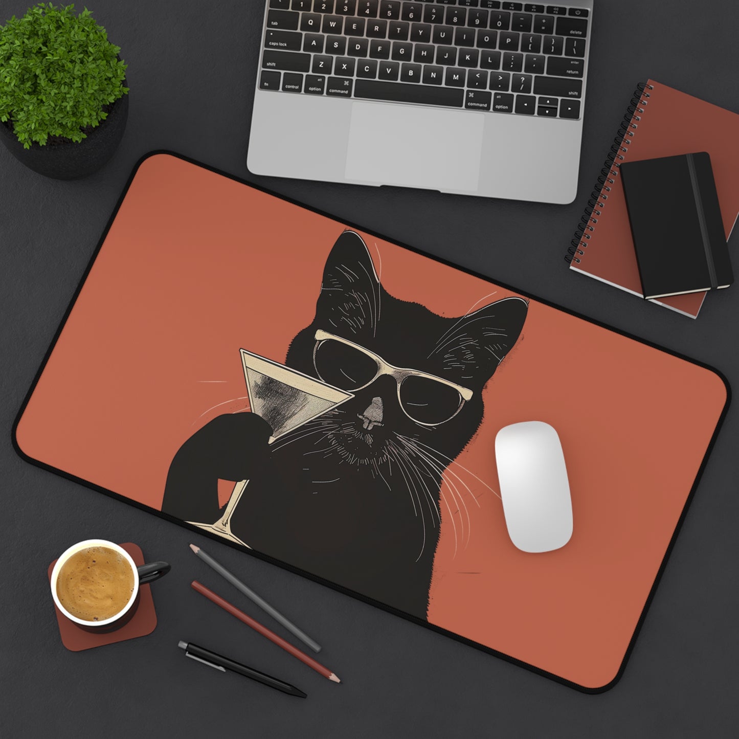 Cool Cat Desk Mat | Retro Black Cat with Martini | Fun Office Decor | Neoprene | Anti-Slip | 3 Sizes