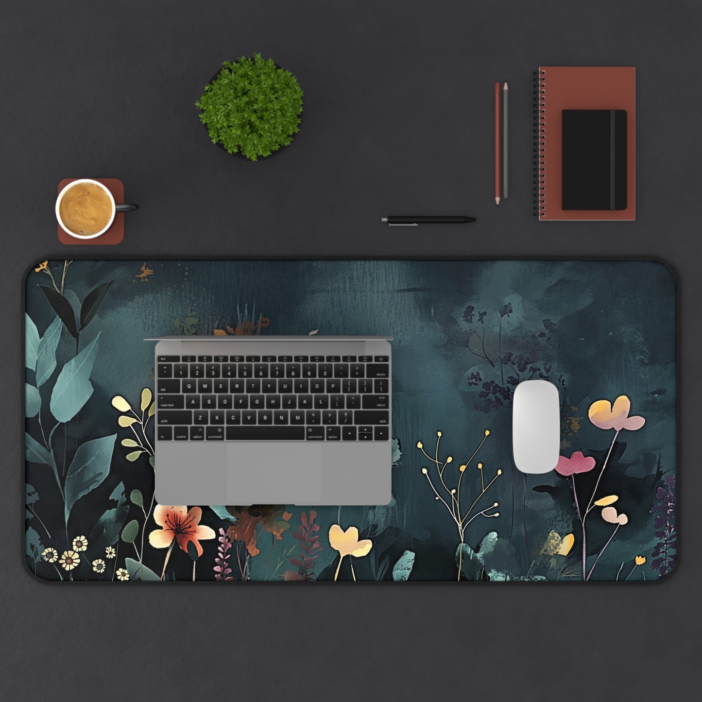 Night Garden Computer Desk Mat | Dark Floral Mouse Pad | Anti-Slip Neoprene Desk Mat for Home Office | 3 Sizes Available