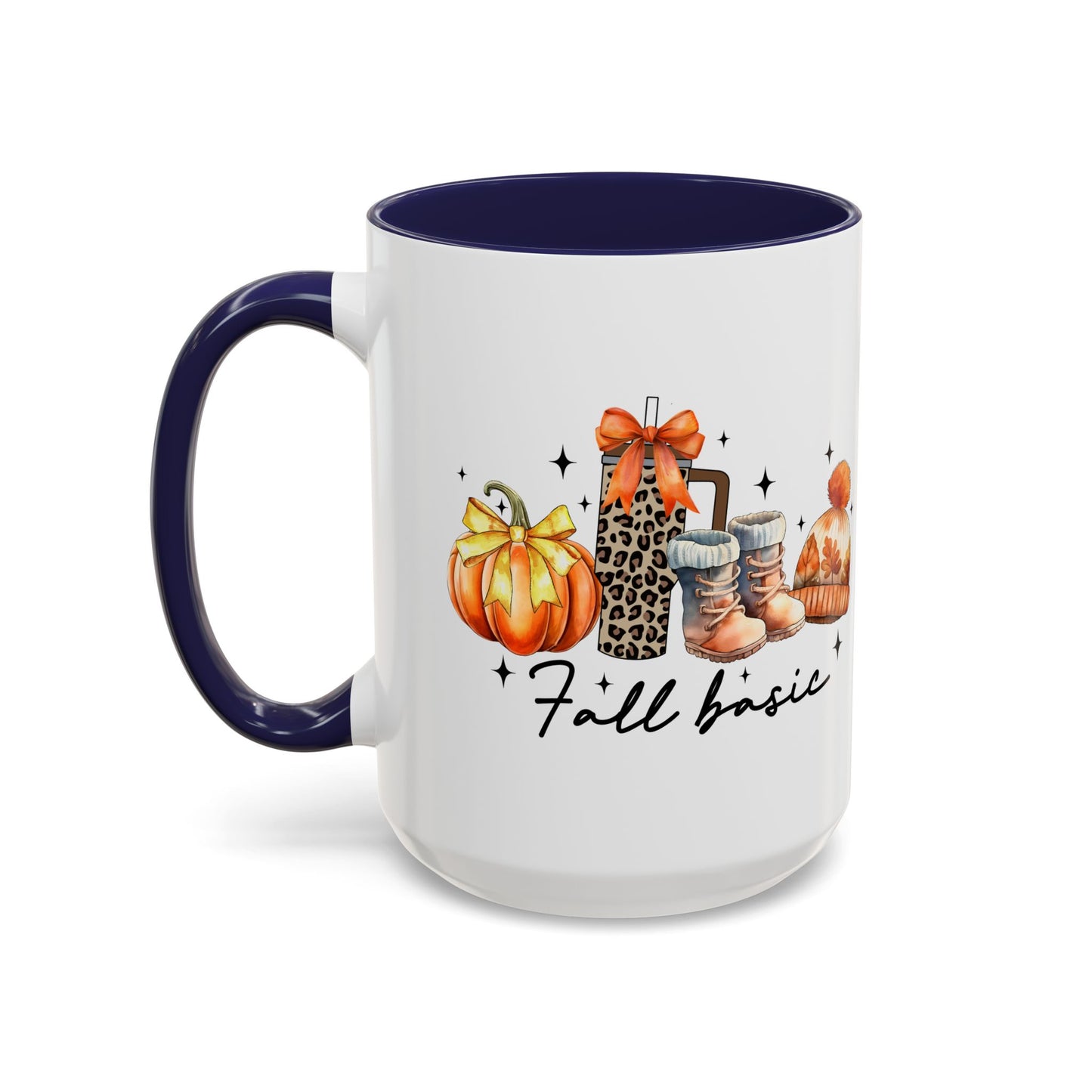 Fall Basic Autumn Mug | 11oz/15oz Ceramic Coffee Cup | Cozy Fall Essentials Design | Pink, Red, Black, Light Blue, or Navy Handle & Interior