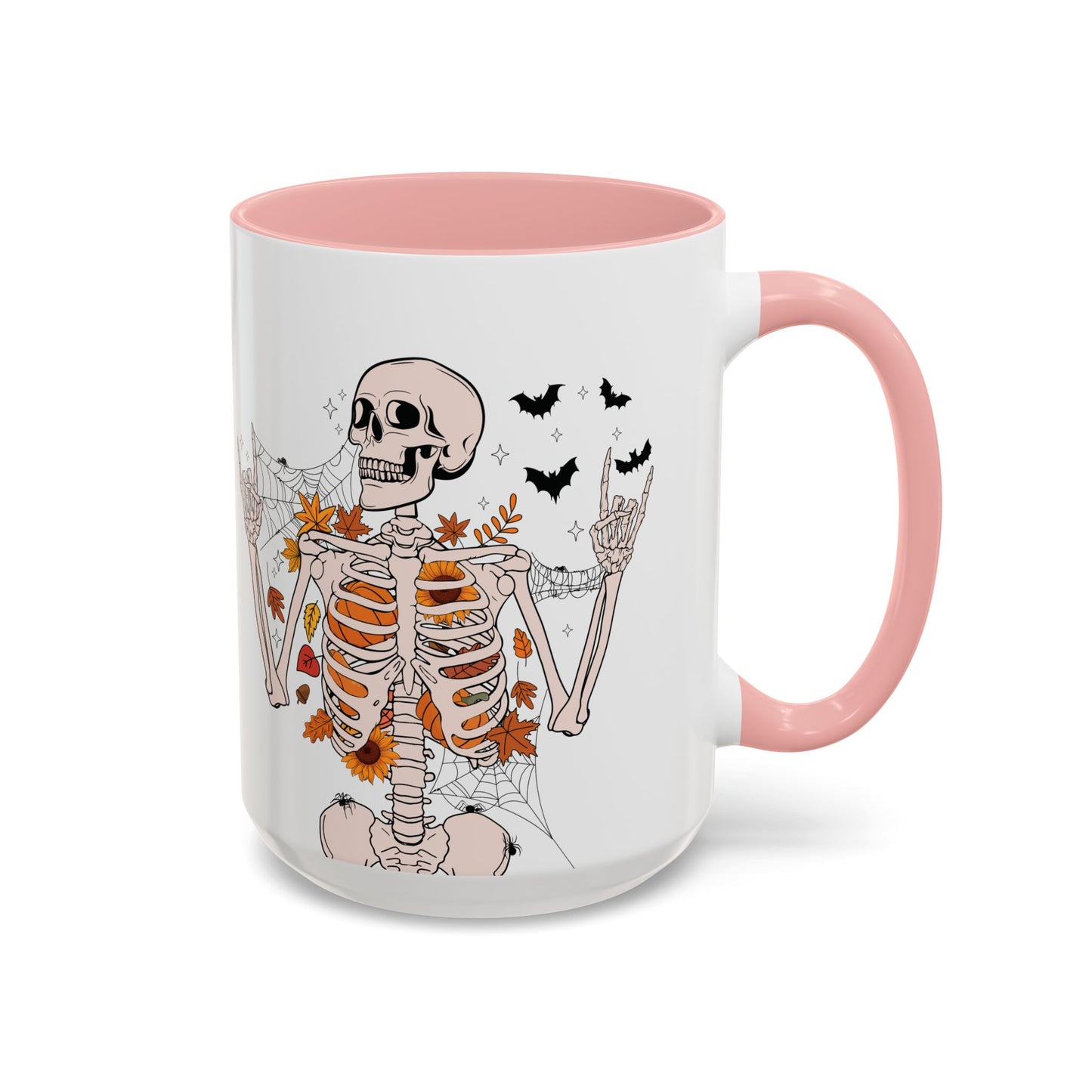 Spooky Skeleton Halloween Mug | 11oz and 15oz Ceramic Coffee Cup | Fall Leaves & Bats Design