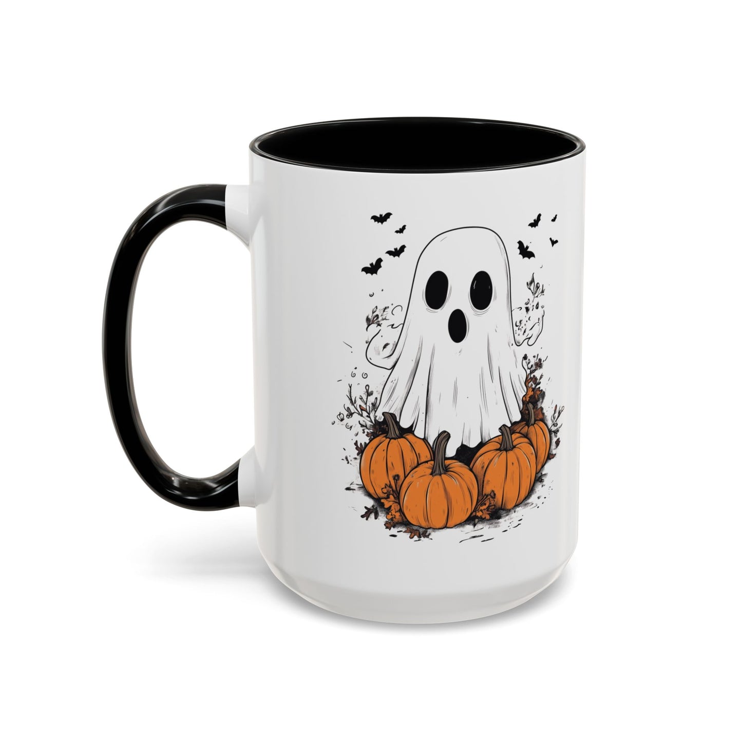 Halloween Ghost Mug - Cute Pumpkin Coffee Cup - White Ceramic Mug with Red Accent - Spooky Fall Gift - 11oz & 15oz - BPA Free