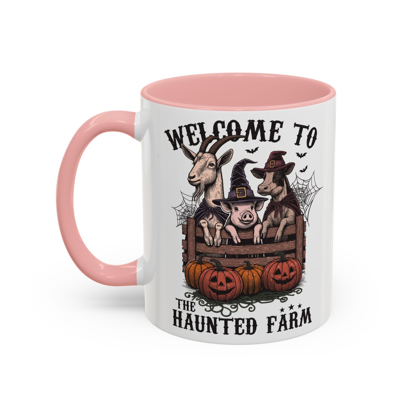 Welcome to the Haunted Farm Mug | Spooky Farm Animal Halloween Cup | Goat, Pig, and Cow in Witch Hats