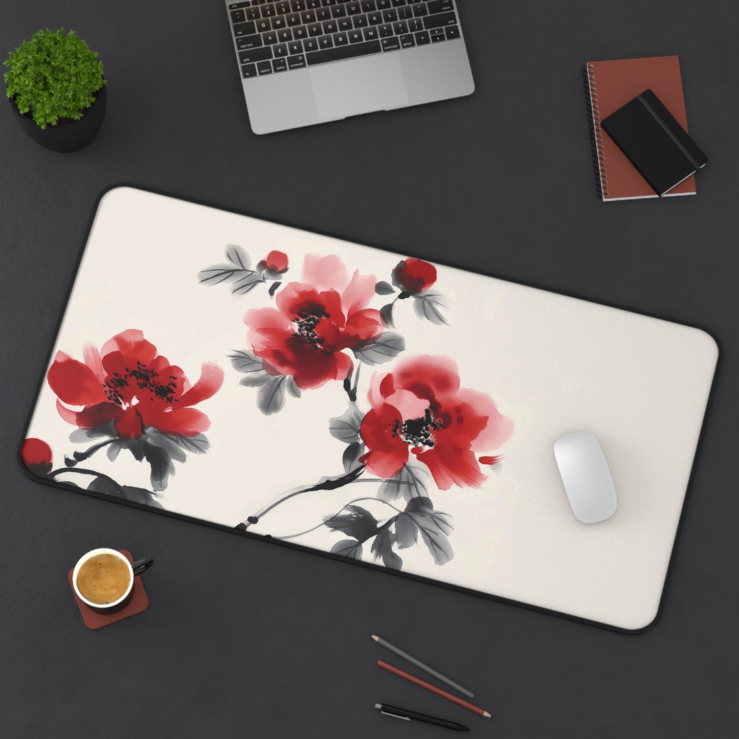 Red Blossoms Desk Mat | Elegant Floral Anti-Slip | 3 Sizes | Office Decor