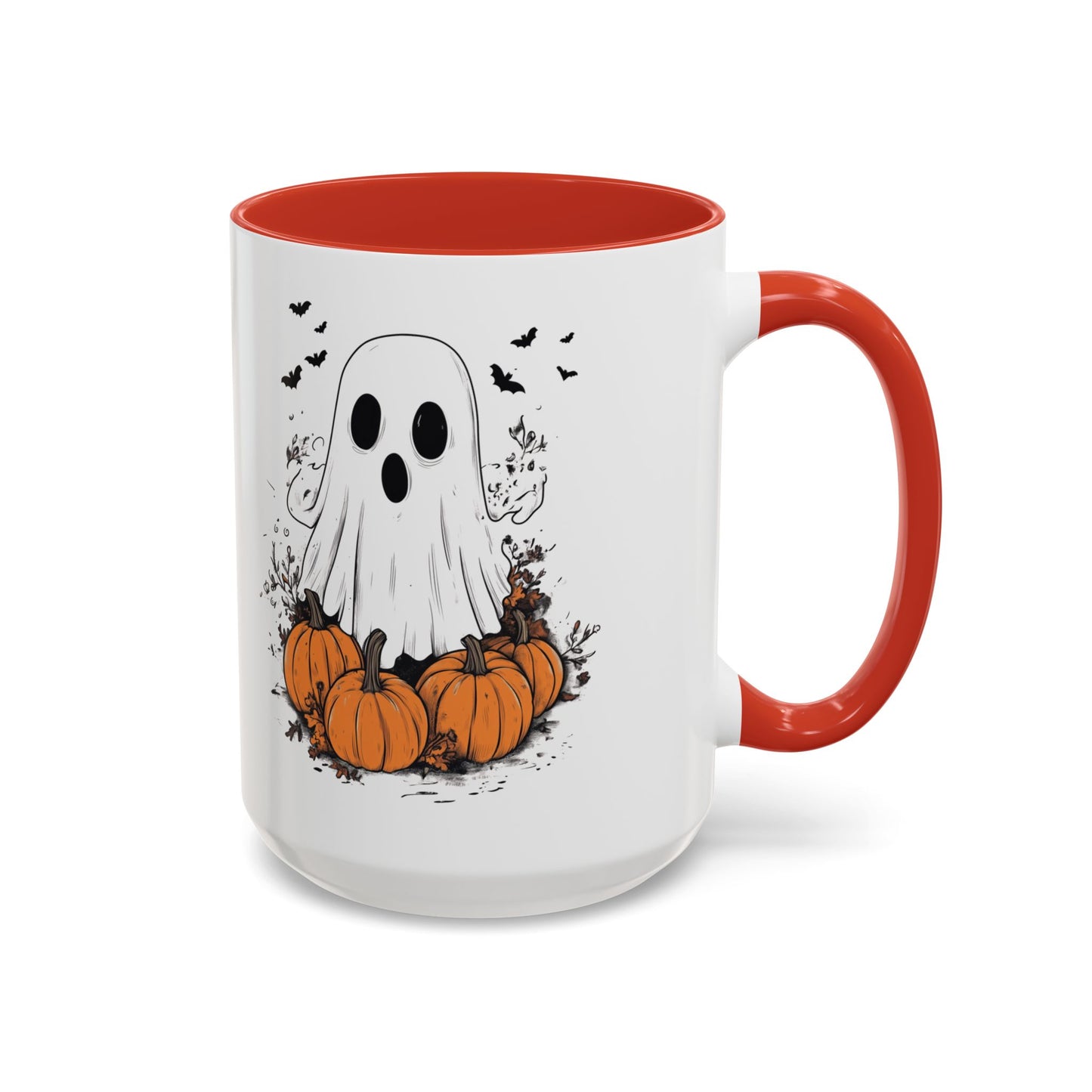 Halloween Ghost Mug - Cute Pumpkin Coffee Cup - White Ceramic Mug with Red Accent - Spooky Fall Gift - 11oz & 15oz - BPA Free