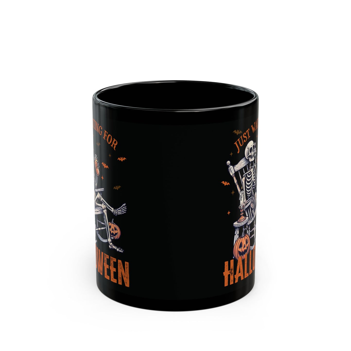 Halloween Skeleton Mug - Just Waiting for Halloween - Black Ceramic Coffee Mug - Spooky Gift - 11oz & 15oz - BPA Free - Microwave Safe