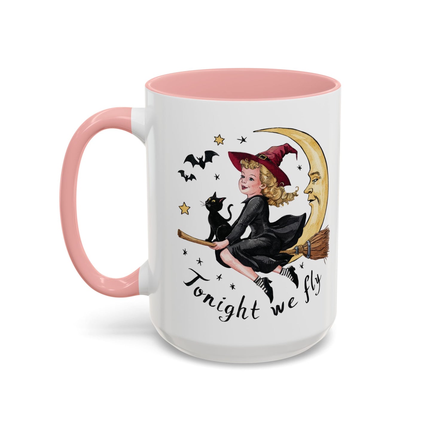 Tonight We Fly Halloween Witch Mug | Vintage Witch and Cat on Broomstick Design | Perfect Halloween Coffee Mug