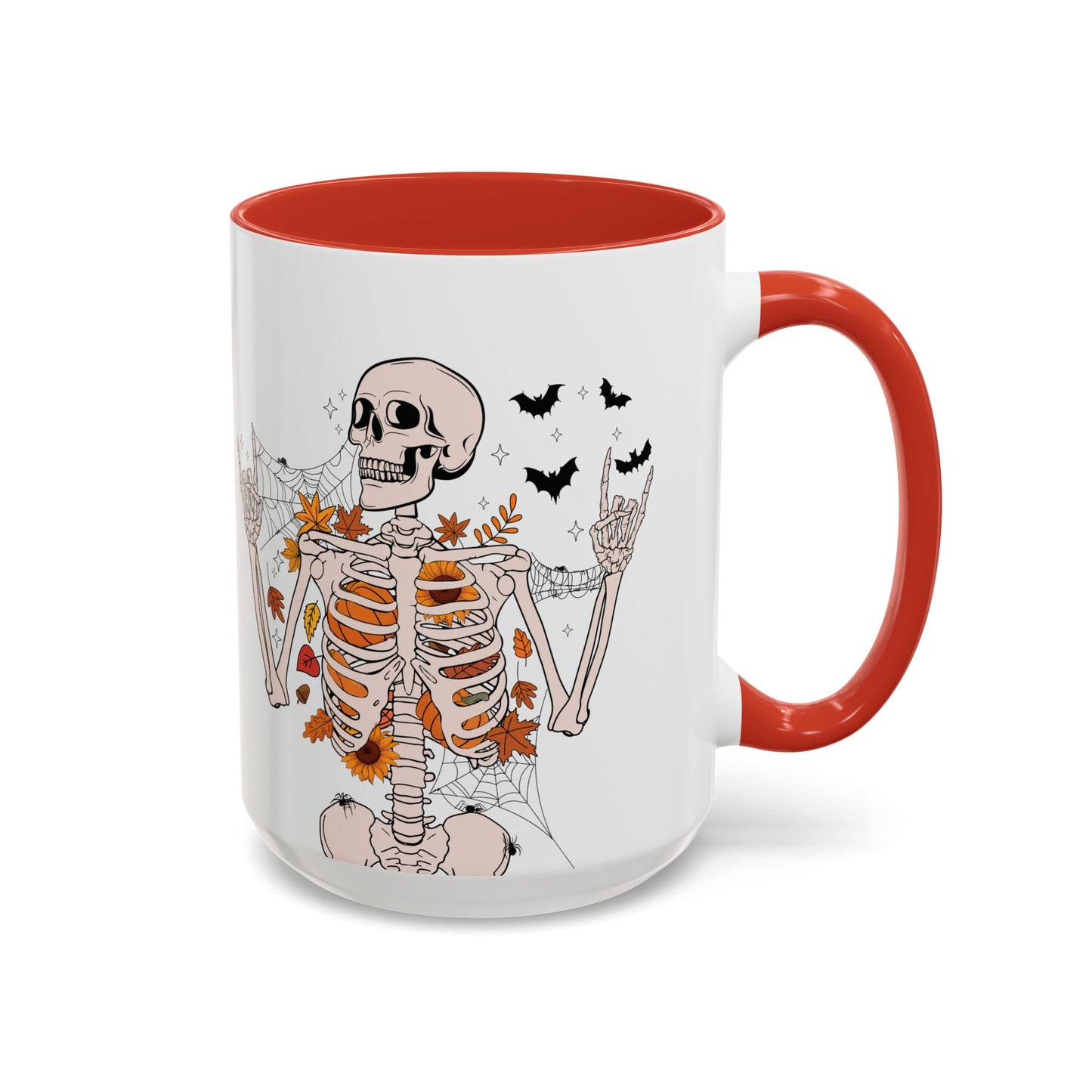 Spooky Skeleton Halloween Mug | 11oz and 15oz Ceramic Coffee Cup | Fall Leaves & Bats Design