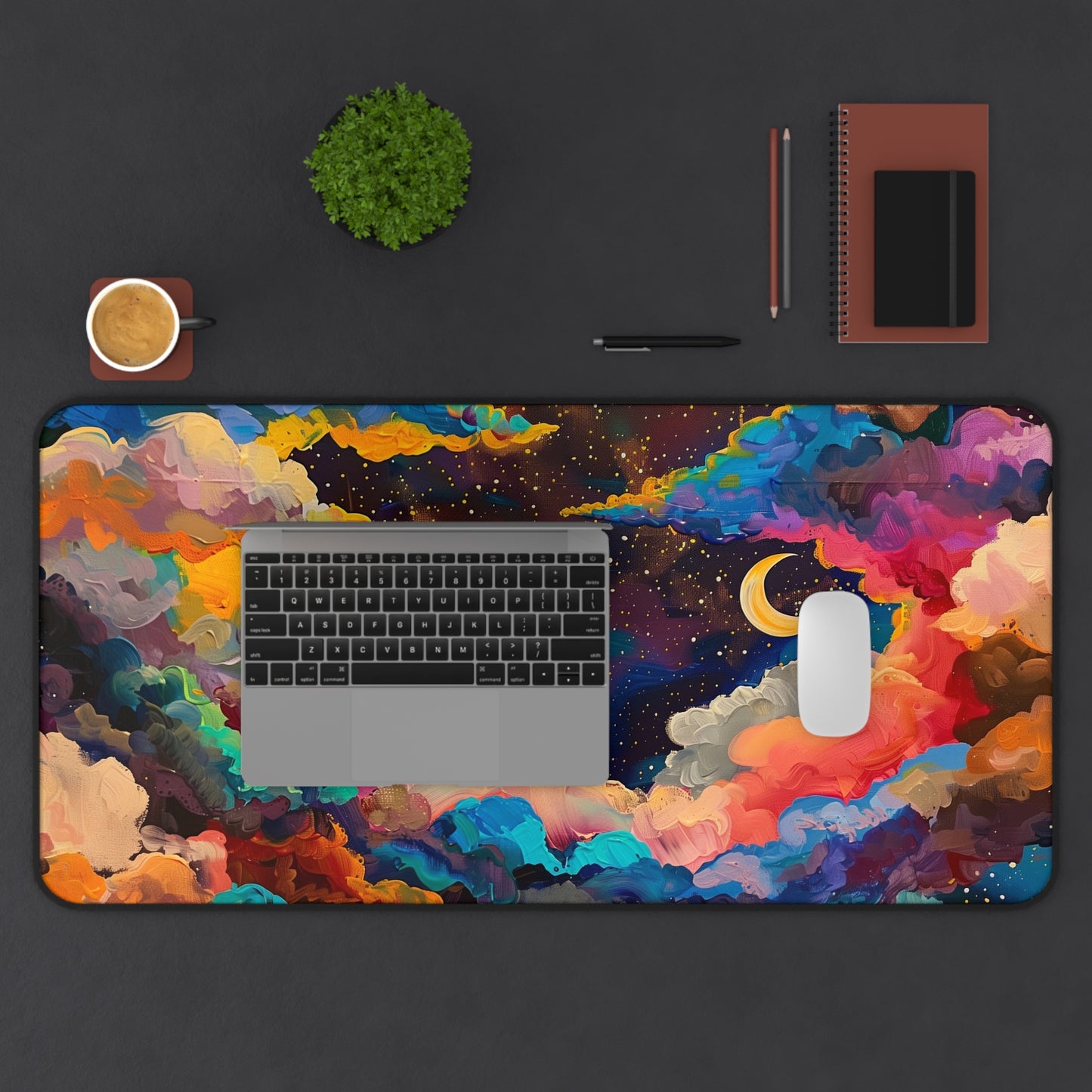 Dreamy Night Sky Computer Desk Mat | Colorful Clouds and Moon Mouse Pad | Anti-Slip Neoprene Desk Mat for Home Office | 3 Sizes Available