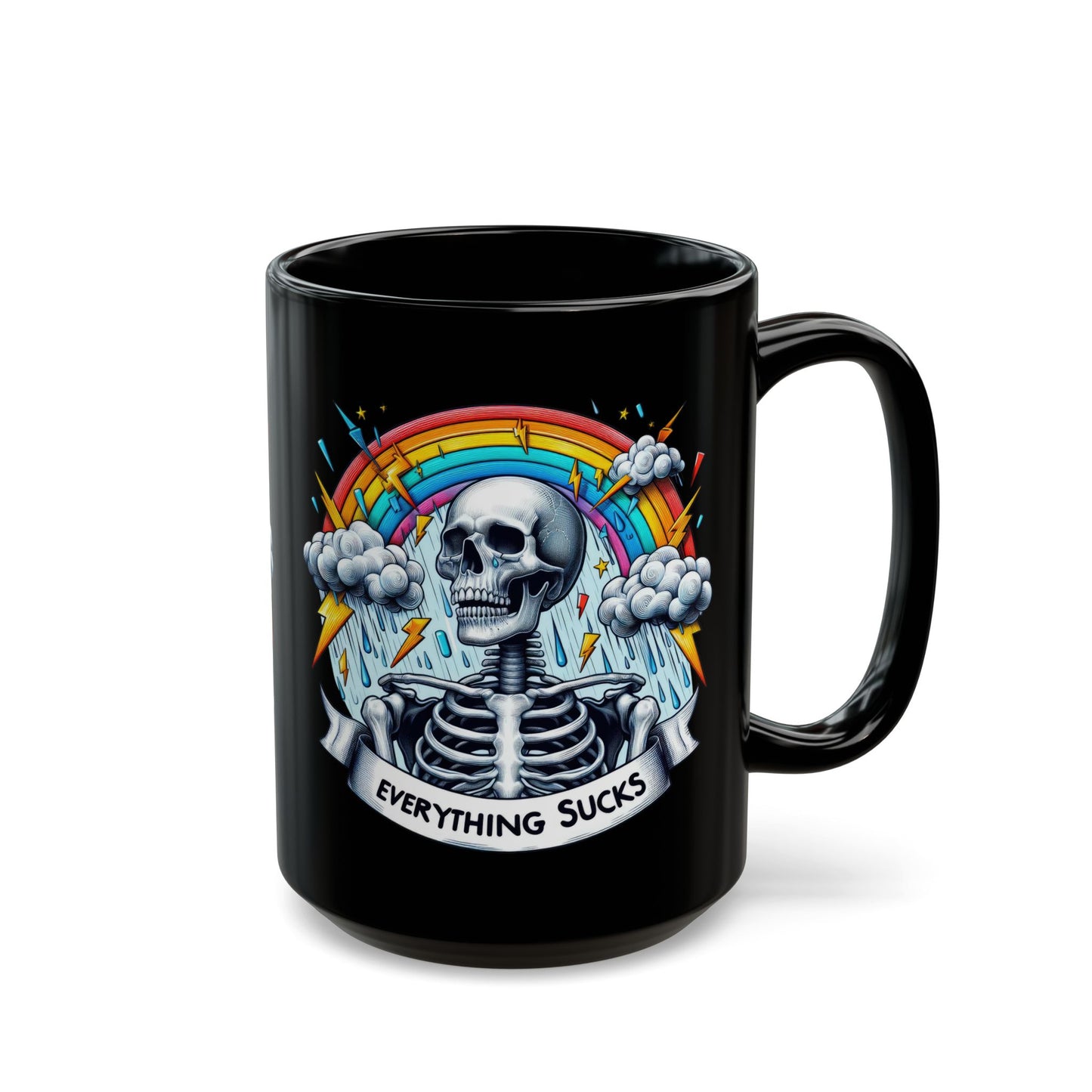 Everything Sucks Skeleton Mug | Dark Humor Rainbow Coffee Cup | Sarcastic Gothic Gift