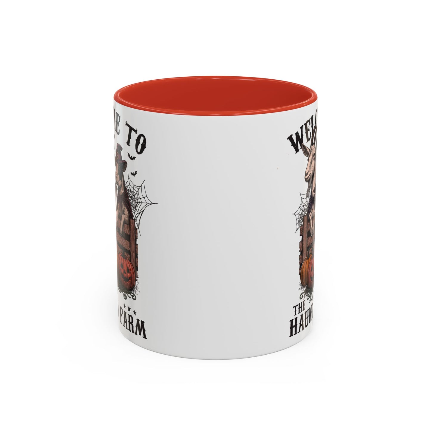 Welcome to the Haunted Farm Mug | Spooky Farm Animal Halloween Cup | Goat, Pig, and Cow in Witch Hats