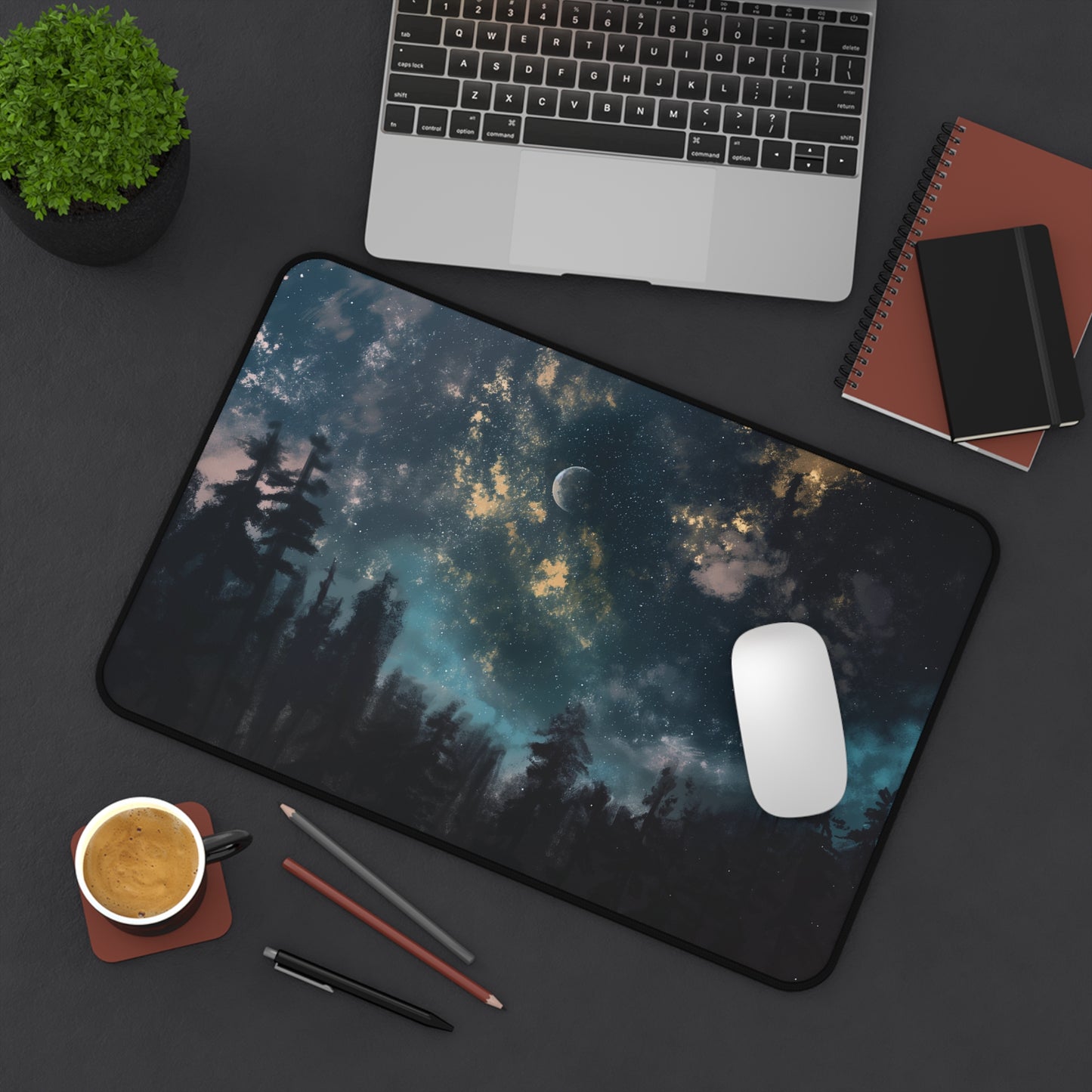 Starry Night Forest Desk Mat | Celestial Anti-Slip | 3 Sizes | Office Decor