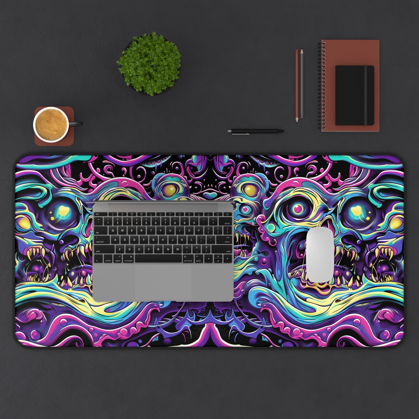 Psychedelic Skull Art Desk Mat - Customizable Neoprene Anti-Slip Mouse Pad - Vibrant Office Decor - Available in 3 Sizes