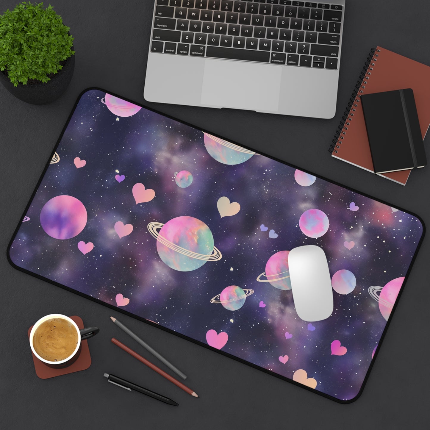 Cosmic Love Computer Desk Mat | Pastel Planets and Hearts Mouse Pad | Anti-Slip Neoprene Desk Mat for Home Office | 3 Sizes Available