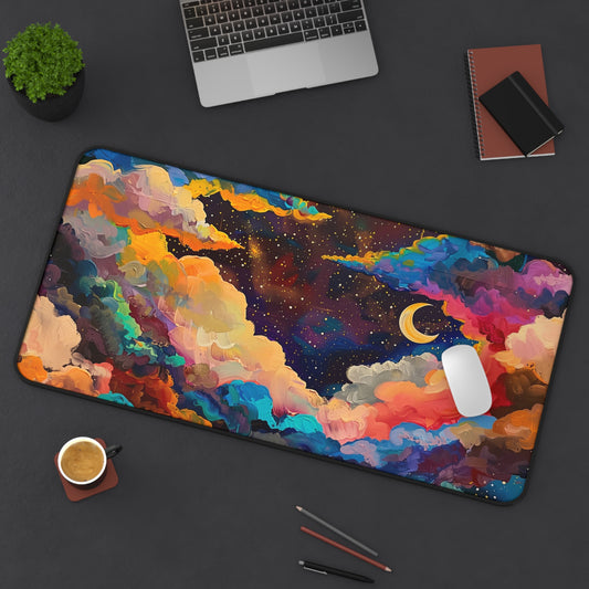 Dreamy Night Sky Computer Desk Mat | Colorful Clouds and Moon Mouse Pad | Anti-Slip Neoprene Desk Mat for Home Office | 3 Sizes Available