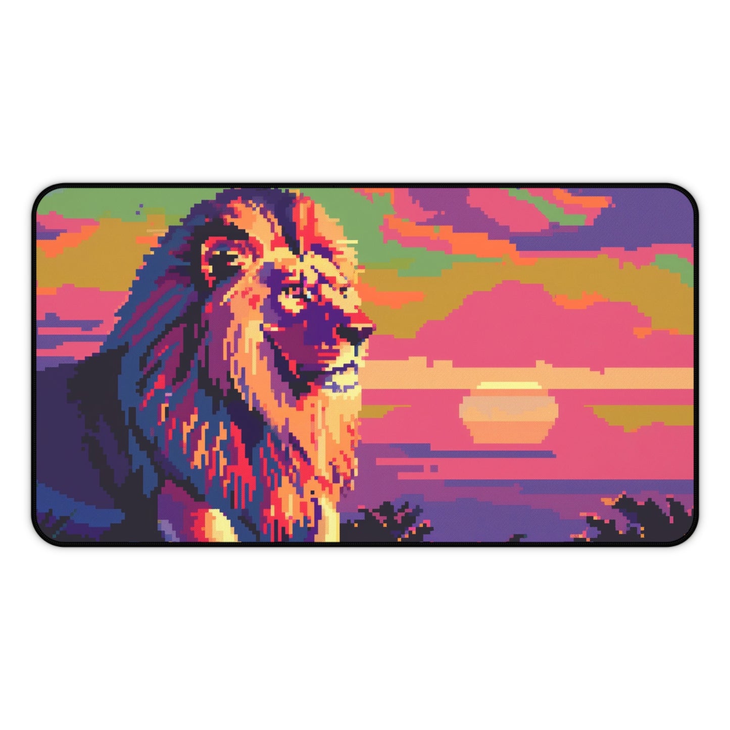 Pixel Art Lion Computer Desk Mat | Vibrant Sunset Mouse Pad | Anti-Slip Neoprene Desk Mat for Home Office | 3 Sizes Available