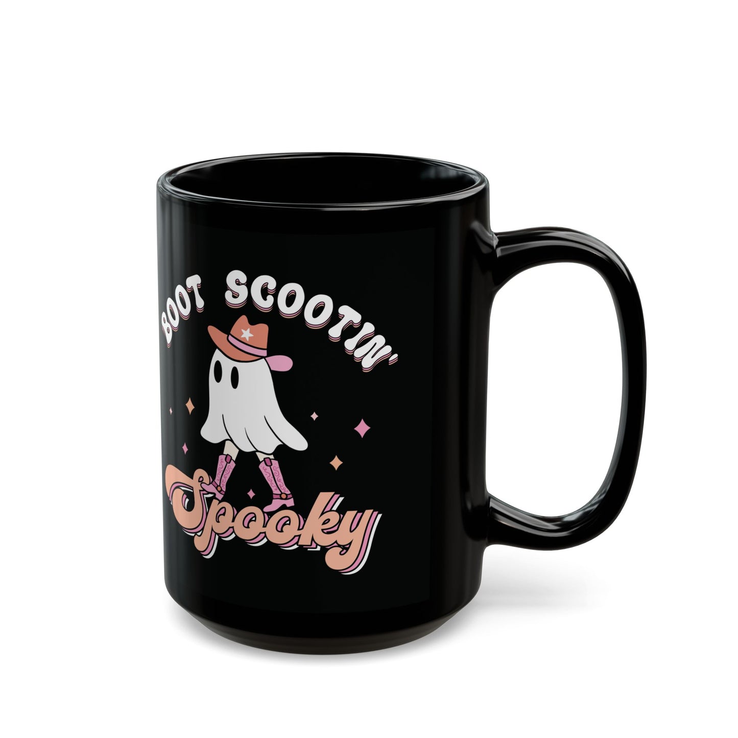 Boot Scootin Spooky Mug - Black Ceramic Coffee Cup with Cute Ghost Design - Fun Halloween Gift - 11oz & 15oz