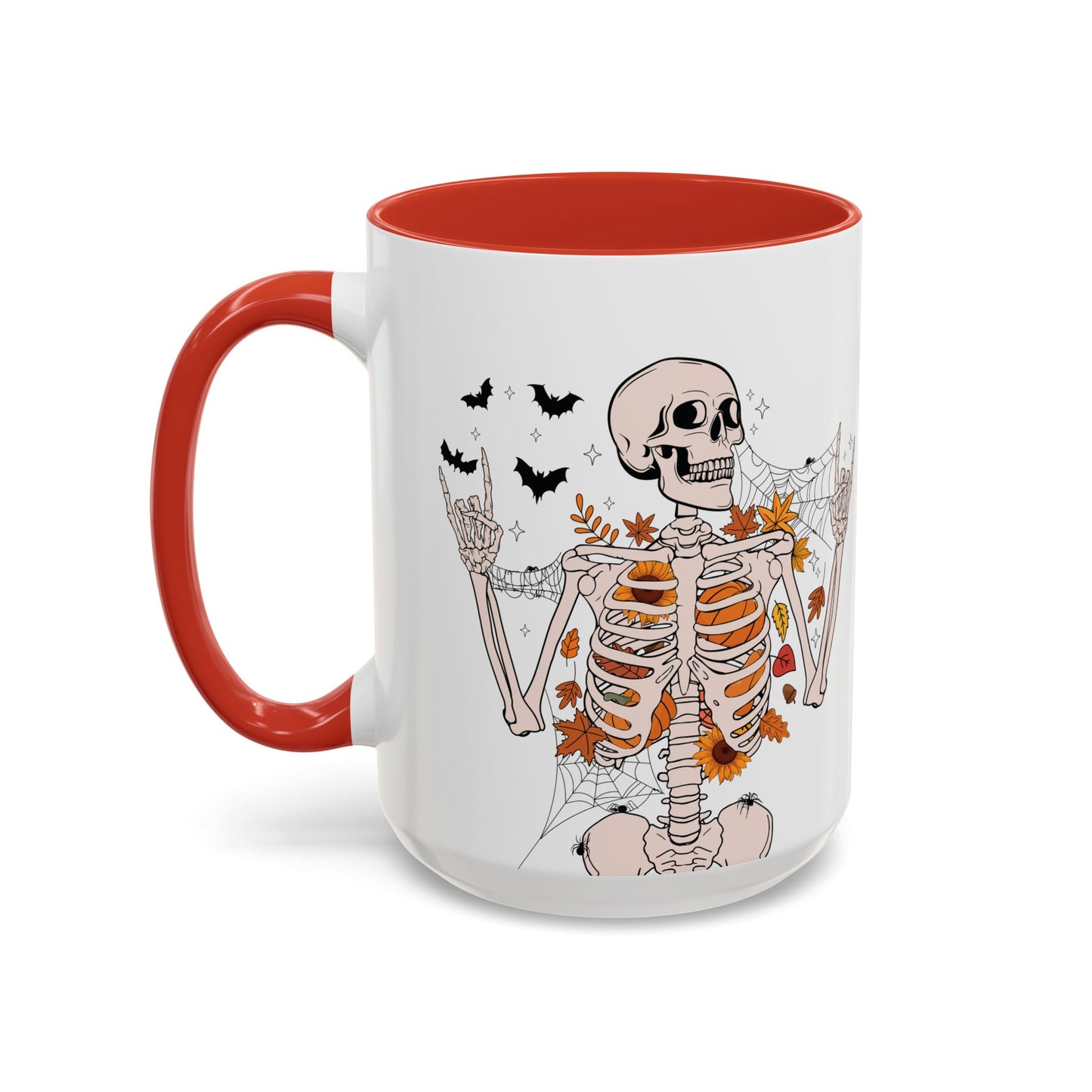 Spooky Skeleton Halloween Mug | 11oz and 15oz Ceramic Coffee Cup | Fall Leaves & Bats Design