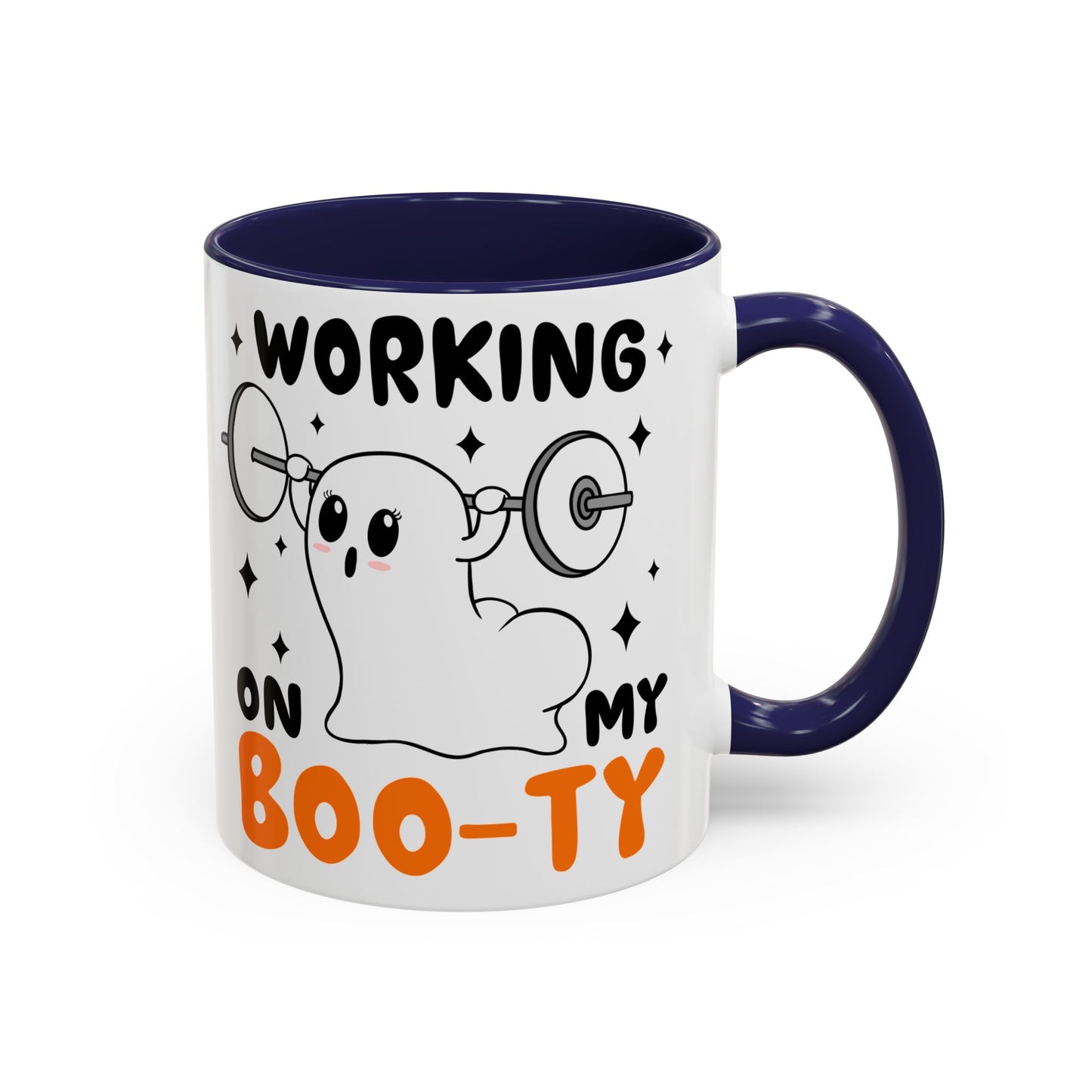 Working on My Boo-ty Halloween Ghost Mug | 11oz and 15oz Ceramic Coffee Cup | Fitness and Humor Design