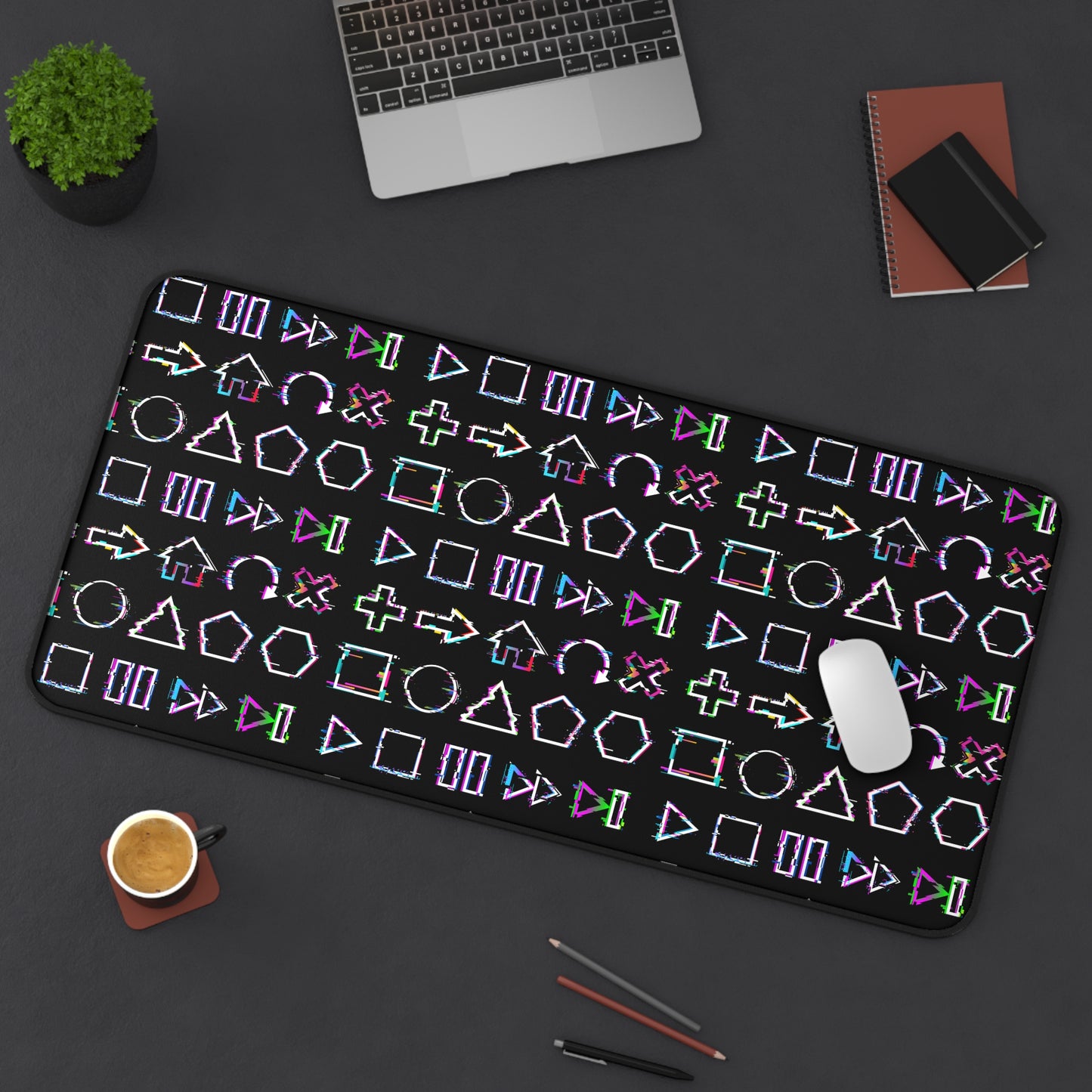 Retro Button Geometric Symbol Desk Mat - Customizable Neoprene Anti-Slip Mouse Pad - Neon Office Decor - Available in 3 Sizes Glitch Buttons