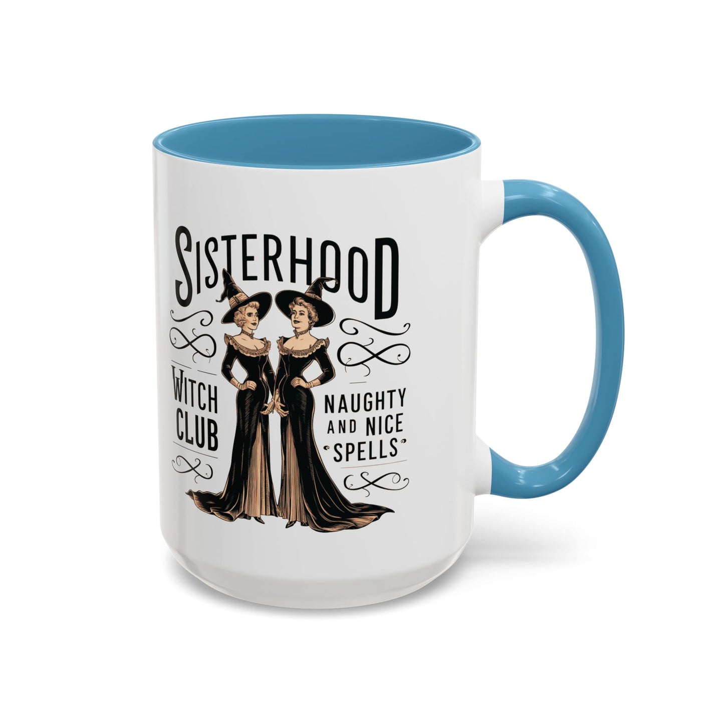 Sisterhood Witch Club Mug | Vintage Witch Design | Halloween Coffee Mug | Naughty & Nice Spells | Witchy Drinkware